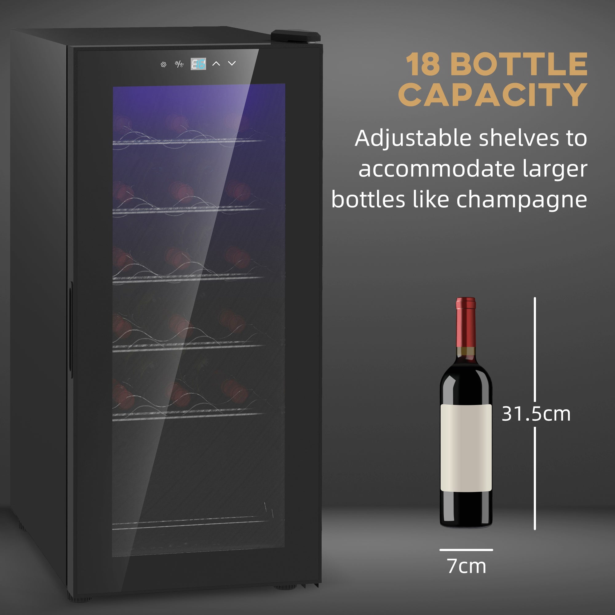 HOMCOM 50L Wine Cooler, 18 Bottles Freestanding Wine Fridge with Glass Door, LED Light, Temperature Control and Digital Touch Screen, Black - North Peak Garden Furniture