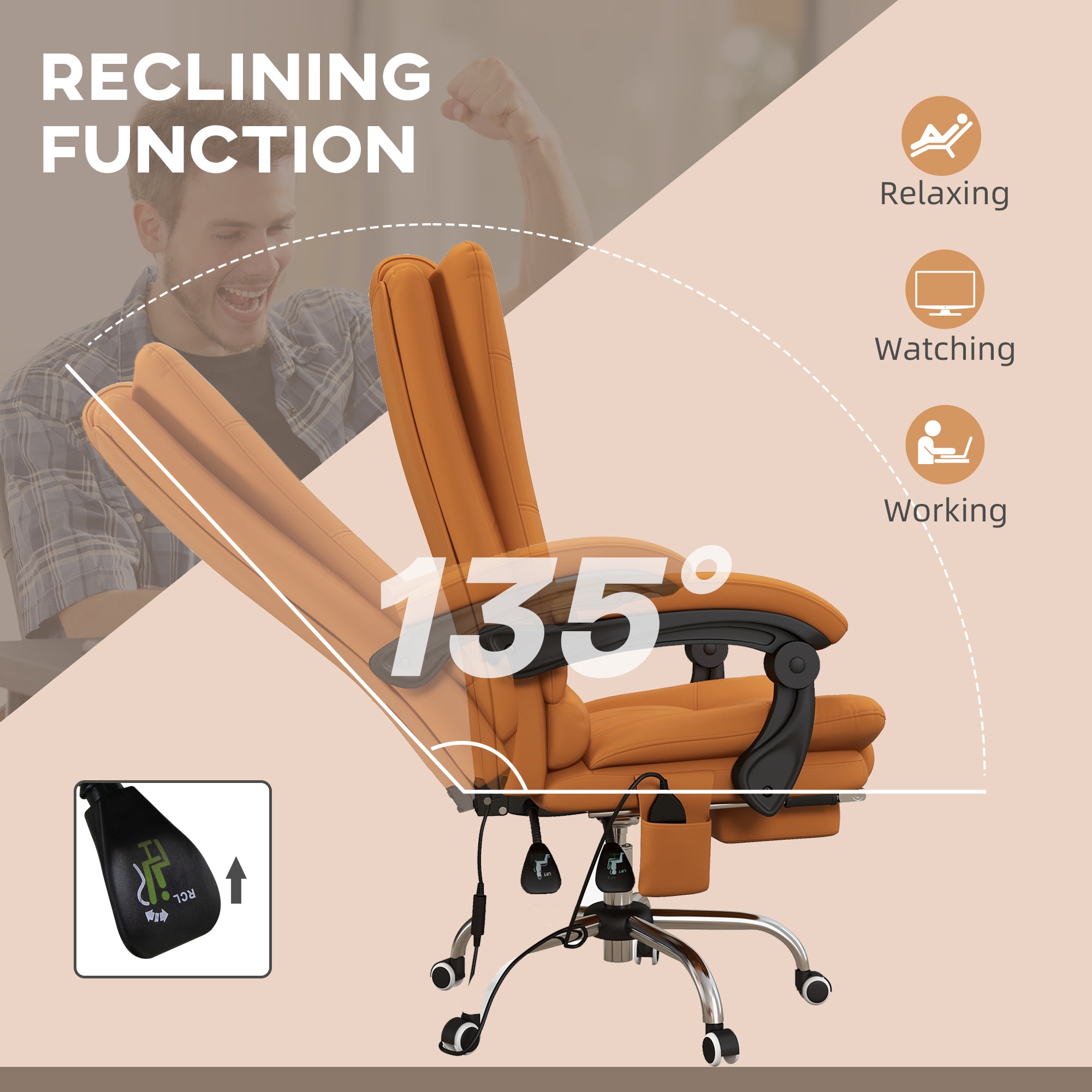 Vinsetto Office Chair, Ergonomic Desk Chair with 4-Point Vibration Massage and Lumbar Heating, PU Leather Computer Chair with 135° Reclining Back and Footrest, Orange