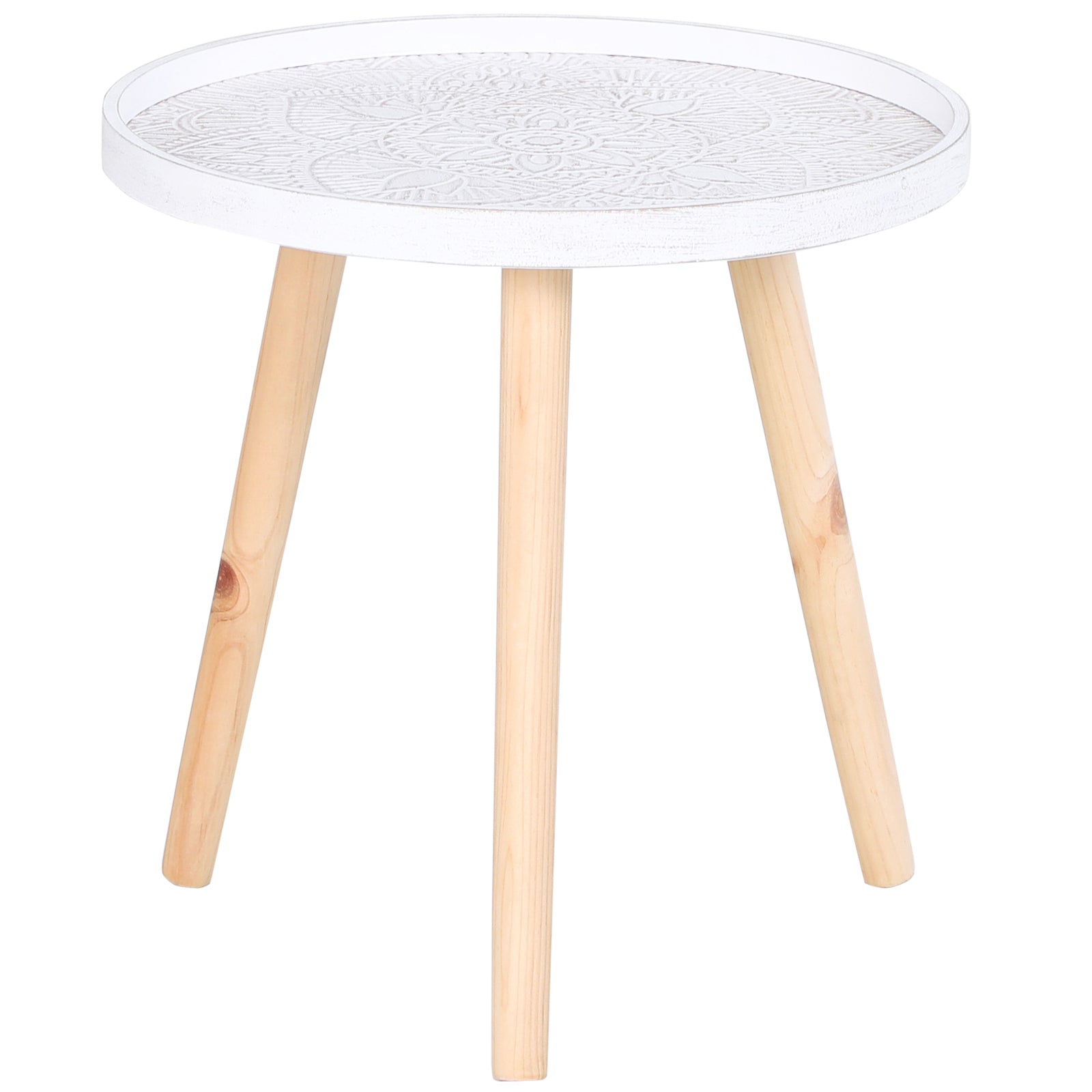 HOMCOM Coffee Table, Carved Floral Round Table with Tray-style Top and Wood Legs, Modern Side Table for Living Room, White - North Peak Garden Furniture