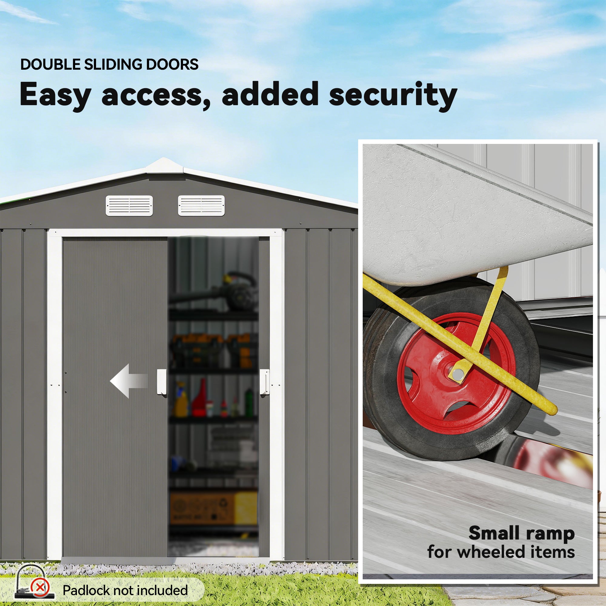 Outsunny 9 x 6FT Outdoor Garden Roofed Metal Storage Shed Tool Box with Foundation Ventilation & Doors Light, Grey