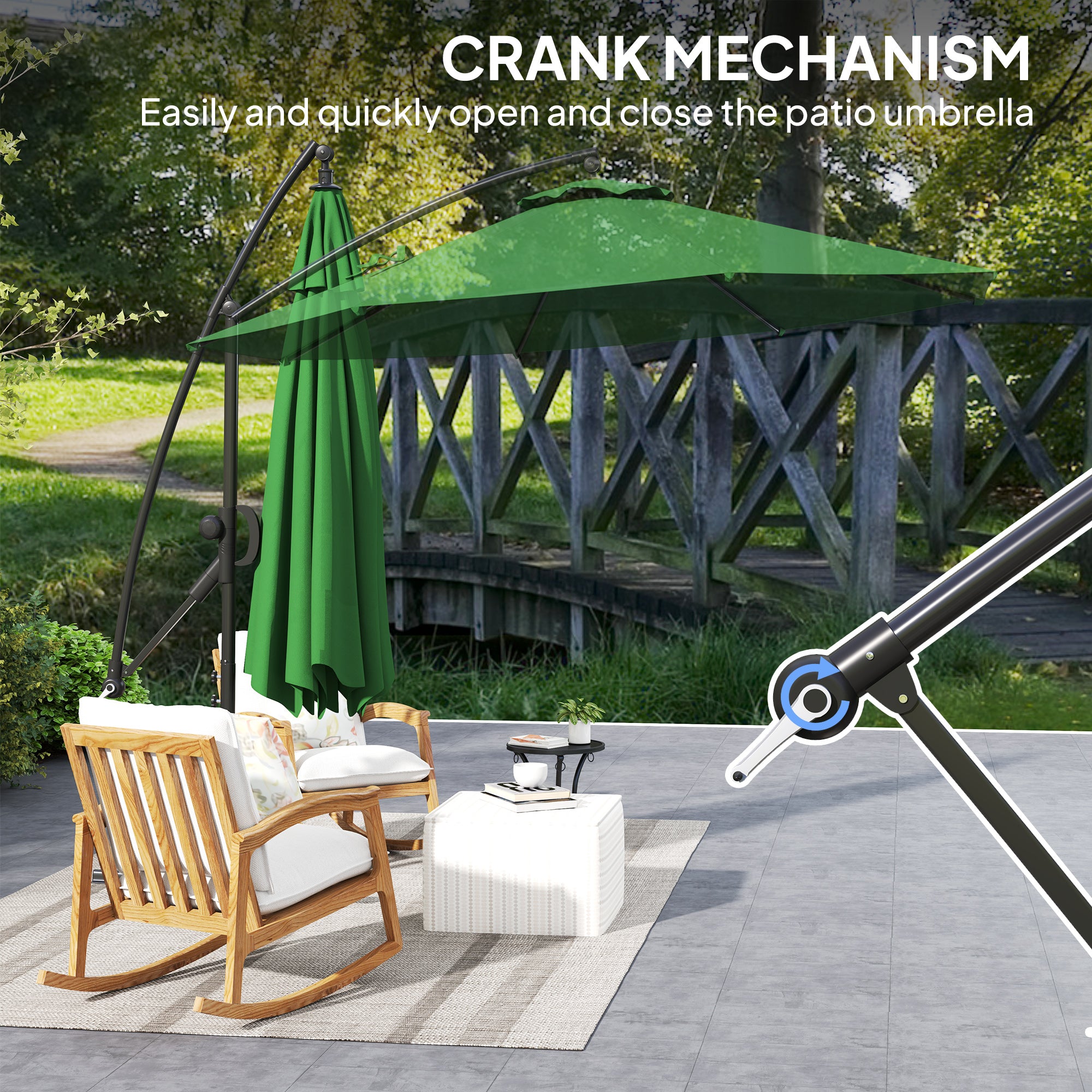 Outsunny 3(m) Garden Cantilever Parasol with Cover and Wind Protection Strap, Round Overhanging Umbrella with Crank Handle and Tilt, Banana Patio Umbrella for Outdoor Sun Shade, UPF50+, Green - North Peak Garden Furniture