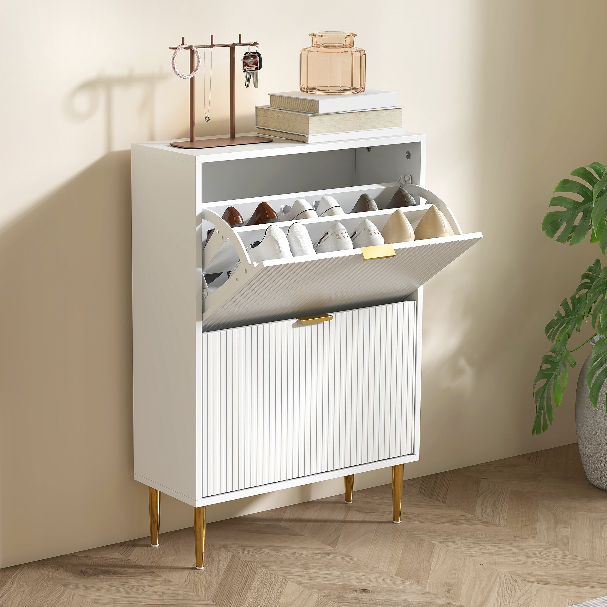 HOMCOM Narrow Shoe Cabinet with 2 Flip Drawers - White