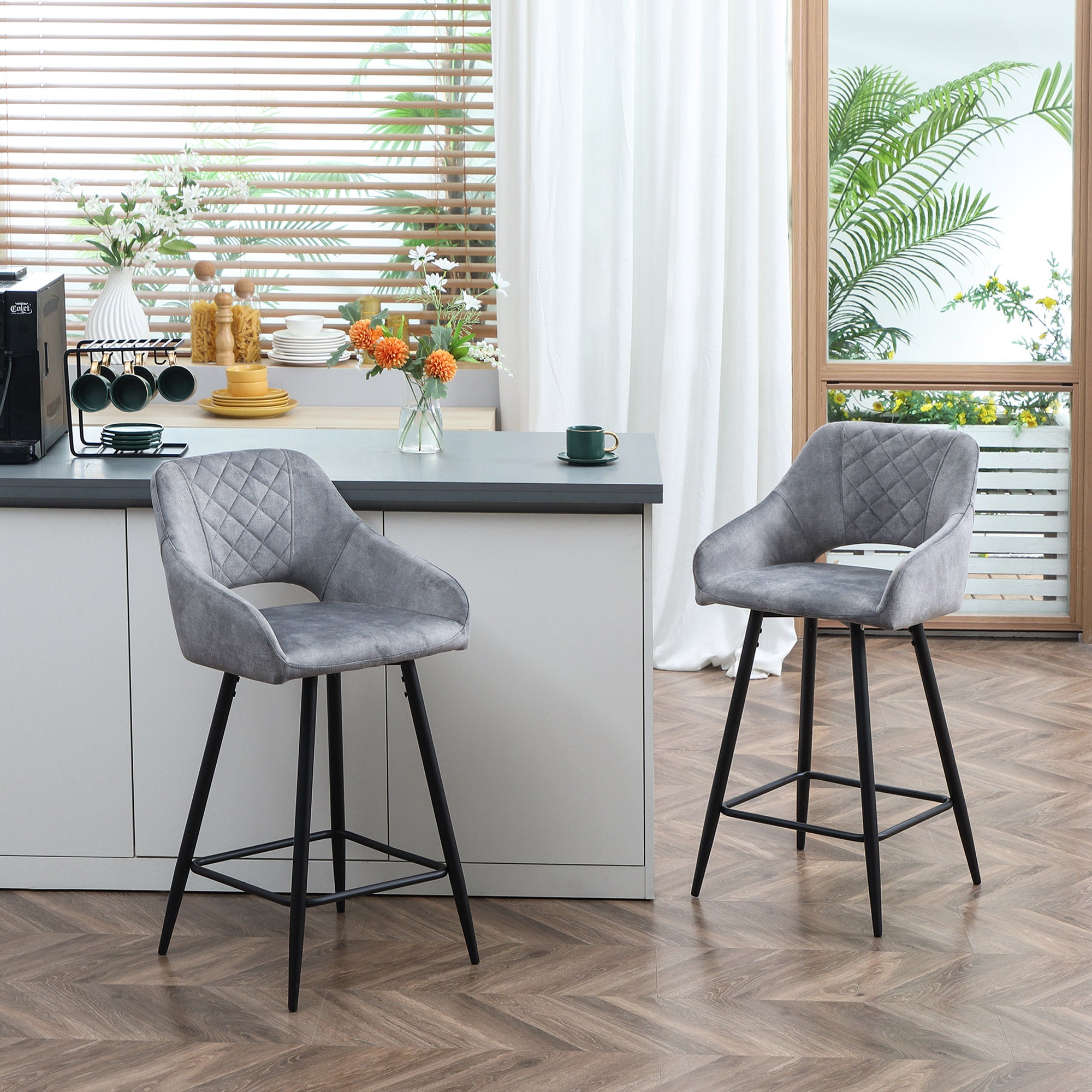 HOMCOM Bar Stools Set of 2, Velvet-Touch Fabric Counter Height Bar Chairs, Kitchen Stools with Steel Legs for Dining Area, Kitchen Island Barstools, Grey - North Peak Garden Furniture