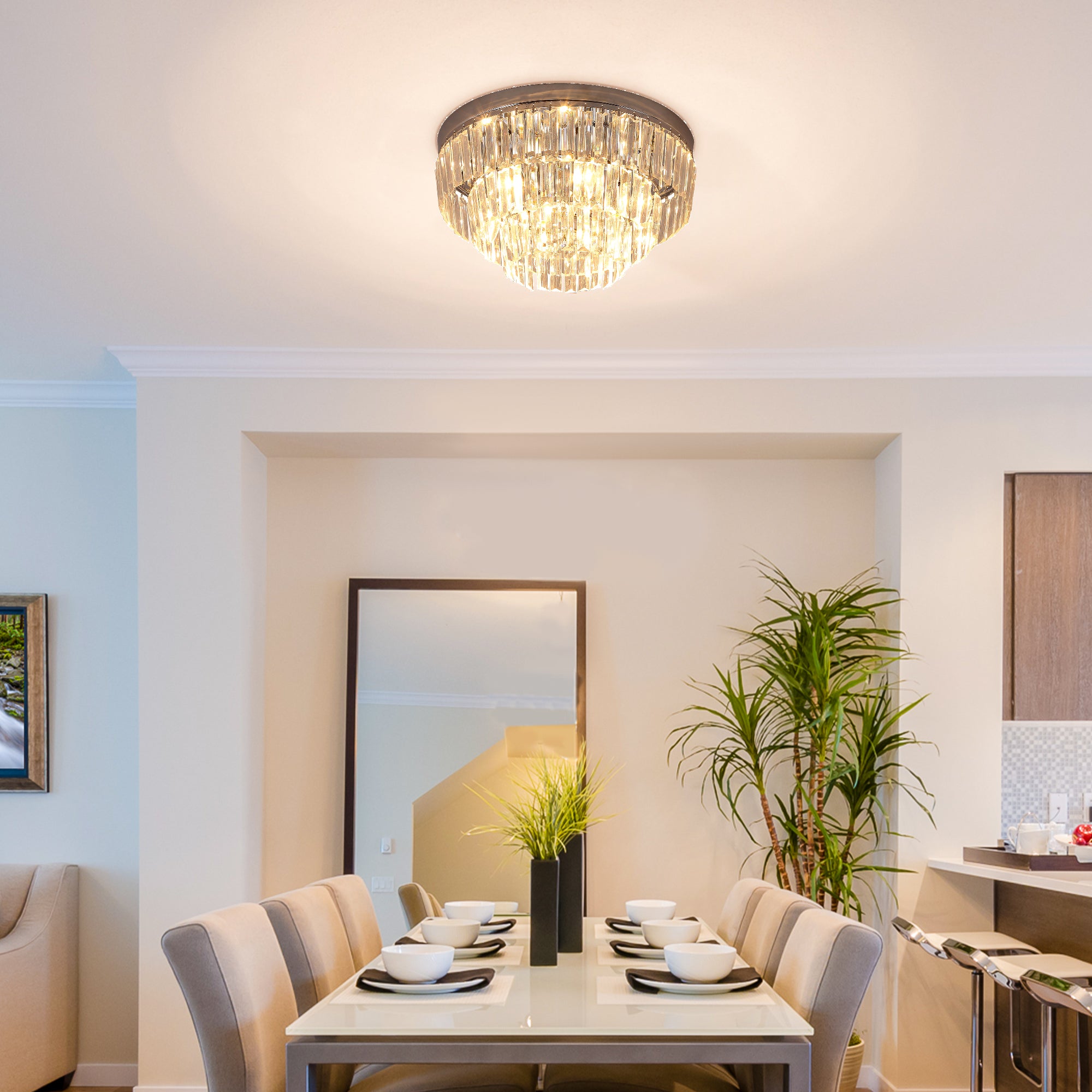 HOMCOM Round Crystal Ceiling Lamp 7 Lights Chandelier Mounted Fixture For Living Room Dining Room Hallway Modern - North Peak Garden Furniture