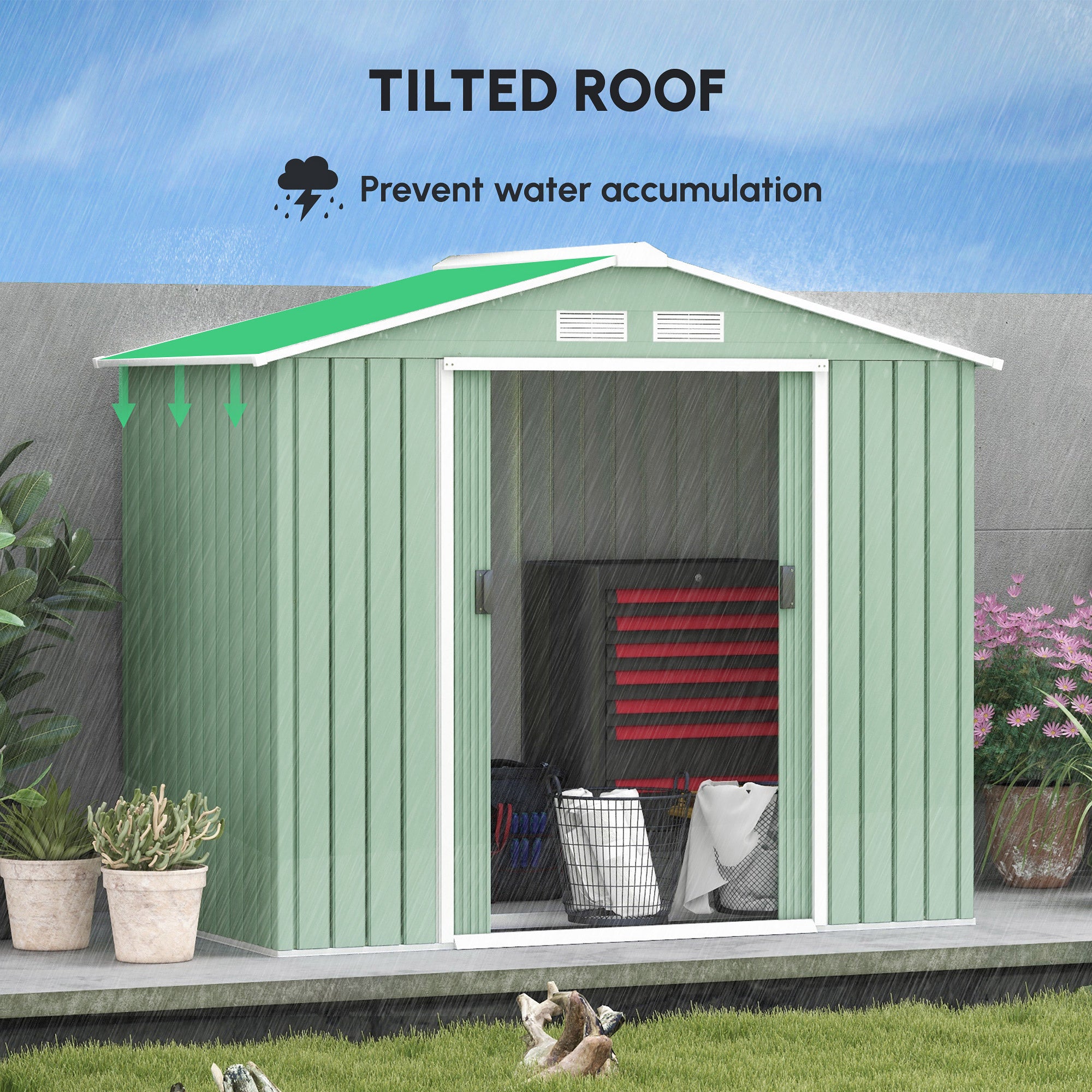 Outsunny 7 x 4ft Metal Garden Shed, Outdoor Storage Tool House with Ventilation Slots, Foundation Kit and Lockable Double Doors, Light Green - North Peak Garden Furniture
