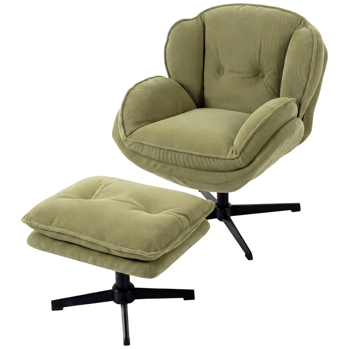 HOMCOM Armchair with Adjustable Footstool, 360-Degree Swivel Chenille Cloud Accent Chair with Thick Cushion, Steel Base, Green