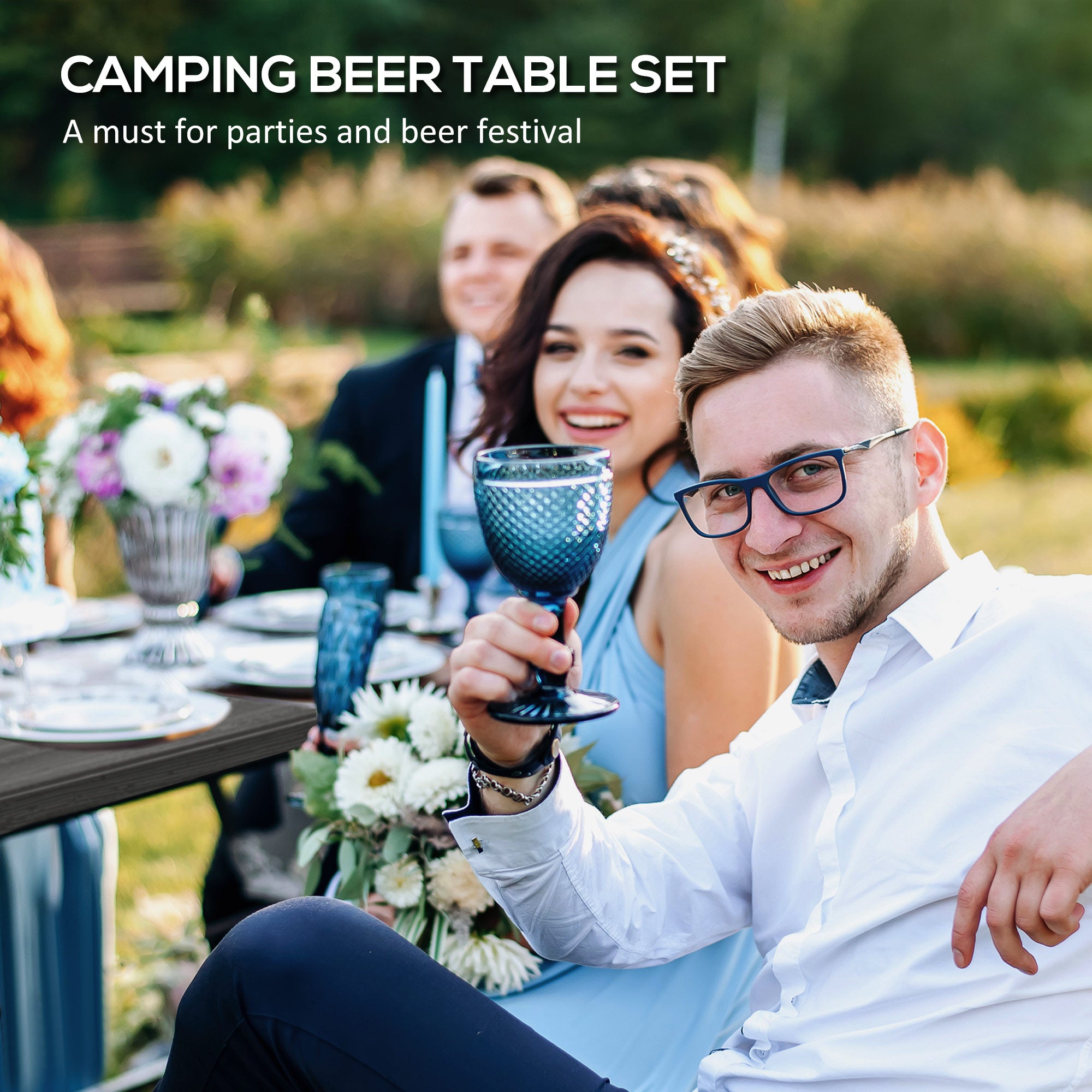 Outsunny Folding Picnic Table with 2 Benches, 3-Piece Portable Garden Furniture Set for 4, Dining Table Set with Plastic Top, Steel Frame, Dark Grey - North Peak Garden Furniture