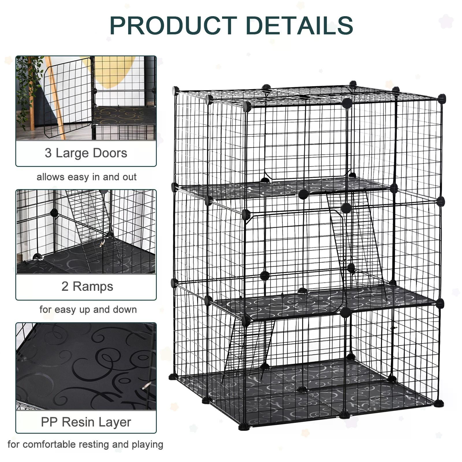 PawHut Pet Playpen DIY Small Animal Cage Enclosure Metal Wire Fence 39 Panels with 3 Doors 2 Ramps for Kitten Bunny Chinchilla Pet Mink Black