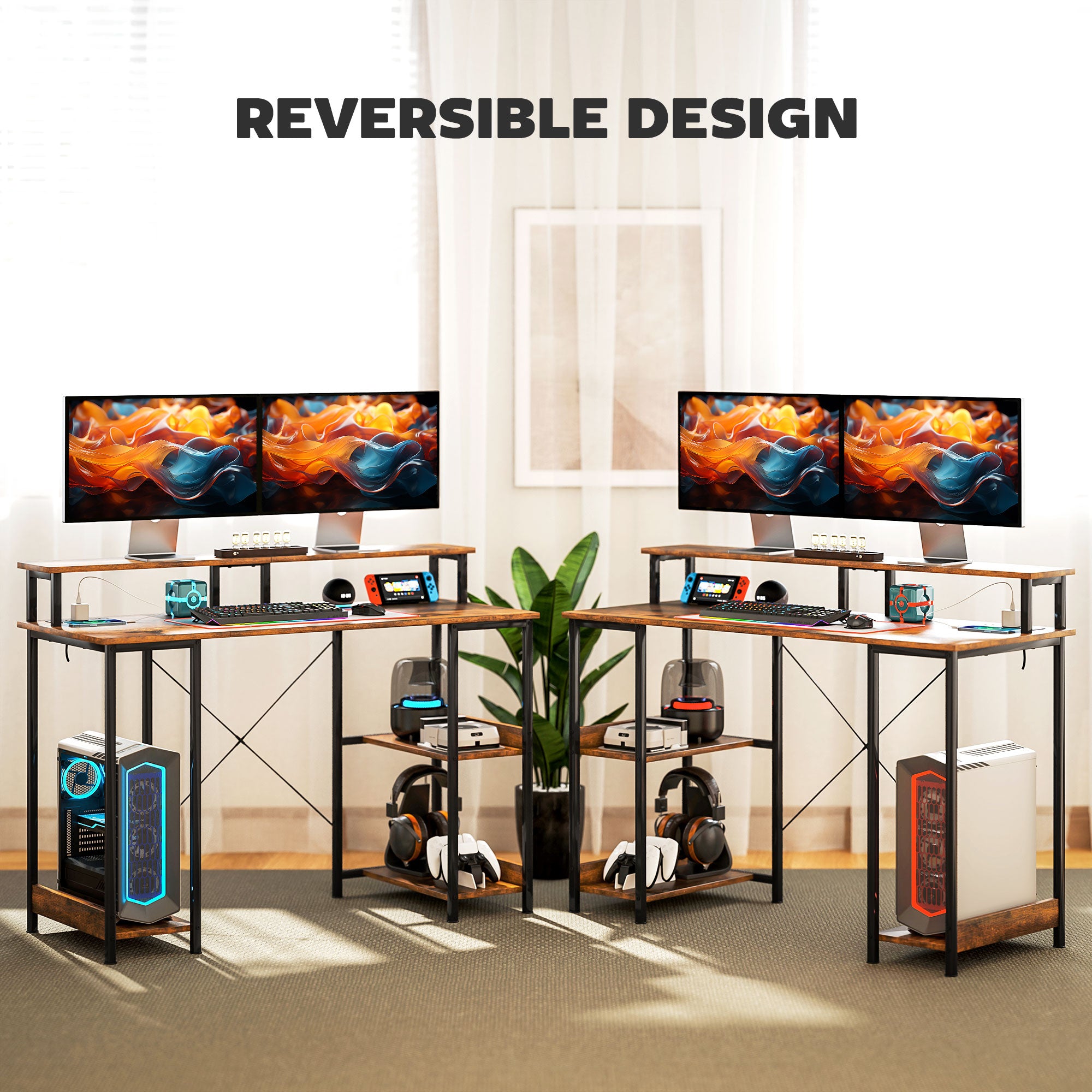 HOMCOM Computer Desk with Power Outlets and LED Lights, 120 x 50cm Reversible Home Office Desk with Monitor Stand and 2-Tier Storage Shelves, Gaming Desk with Cable Management, Rustic Brown - North Peak Garden Furniture