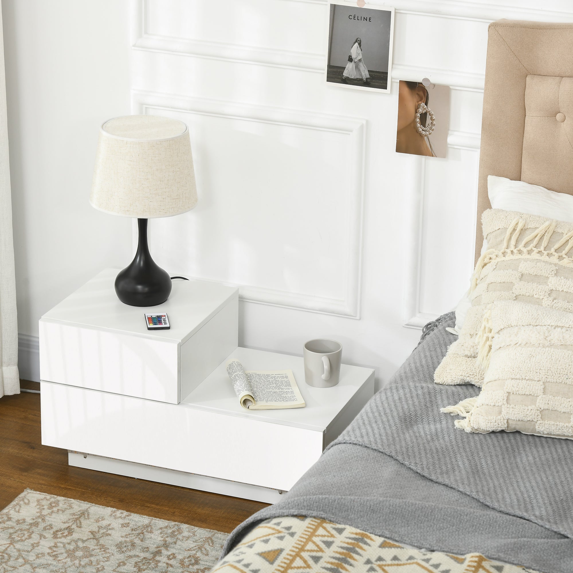 HOMCOM High Gloss Front Bedside Table with Drawers Nightstand with RGB LED Light and Remote for Bedroom Living Room White - North Peak Garden Furniture