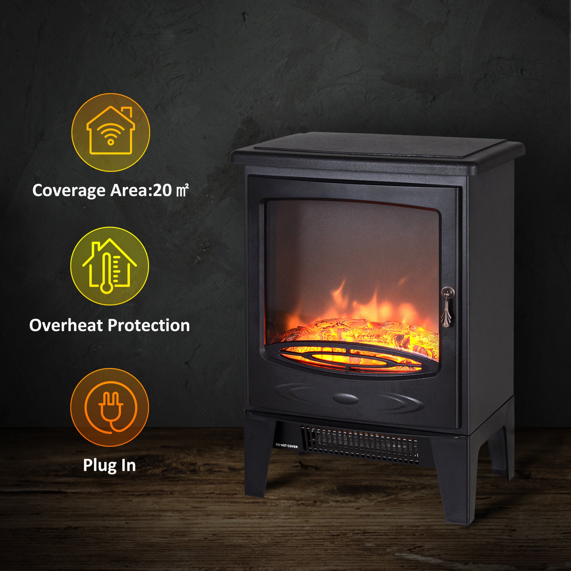 HOMCOM Tempered Glass Casing Electric Fireplace, Freestanding Electric Fire with Realistic Flame Effect, Electric Log Burner with Overheat Protection, 950w/ 1850W, Black