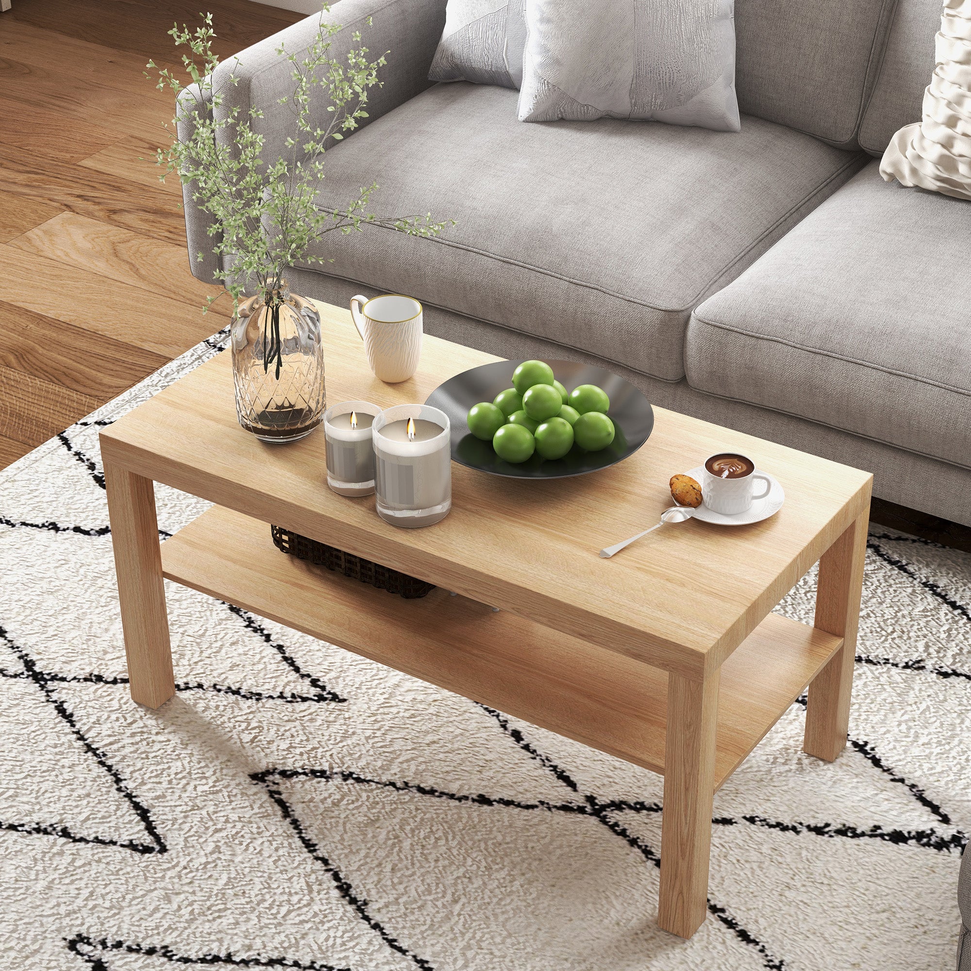 HOMCOM 2-Tier Coffee Table with Storage Shelf, Rectangular Centre Table for Living Room, Home Office, Natural Wood Finish - North Peak Garden Furniture