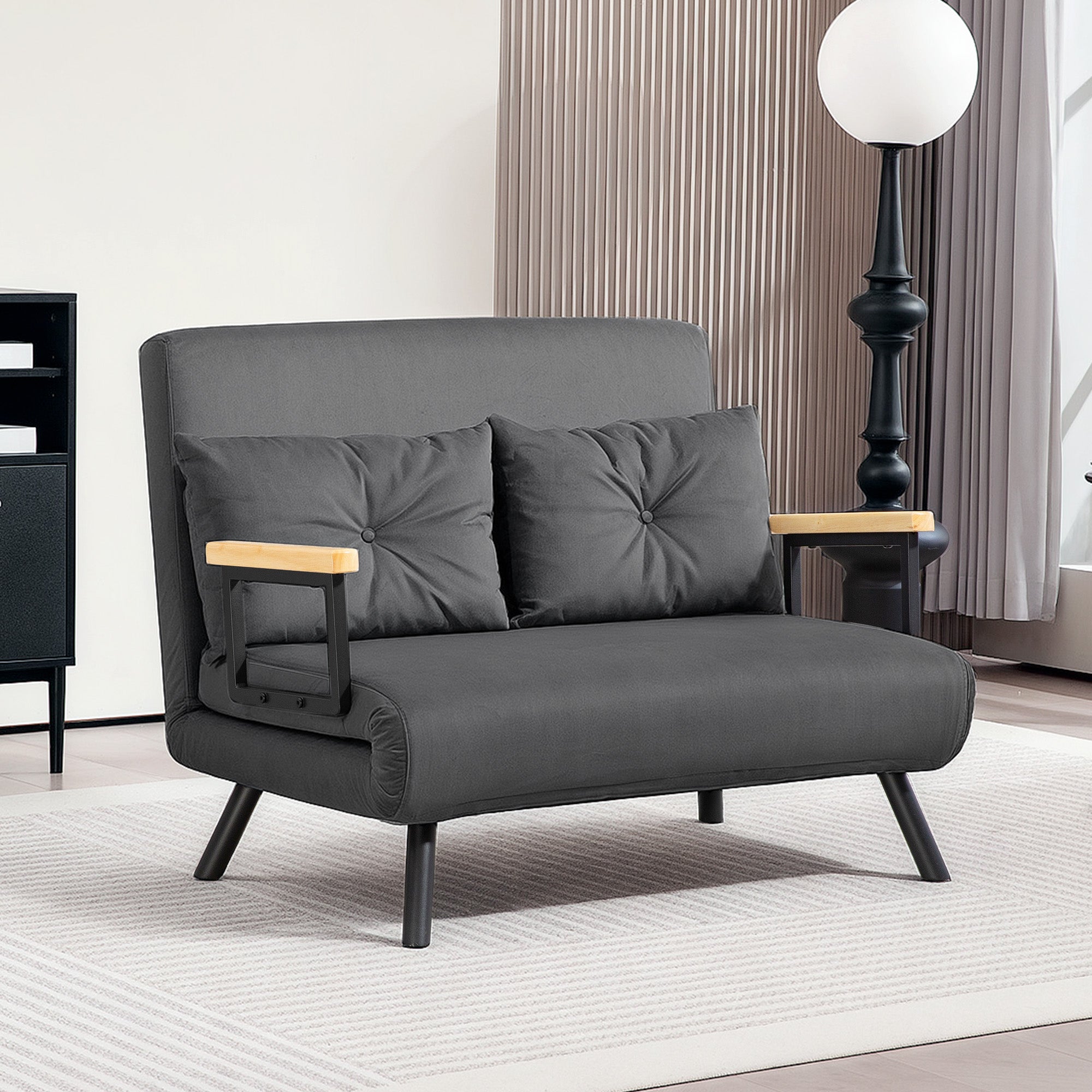 HOMCOM 4-in-1 Velvet-Feel Double Sofa Bed, with Pillows - Dark Grey - North Peak Garden Furniture