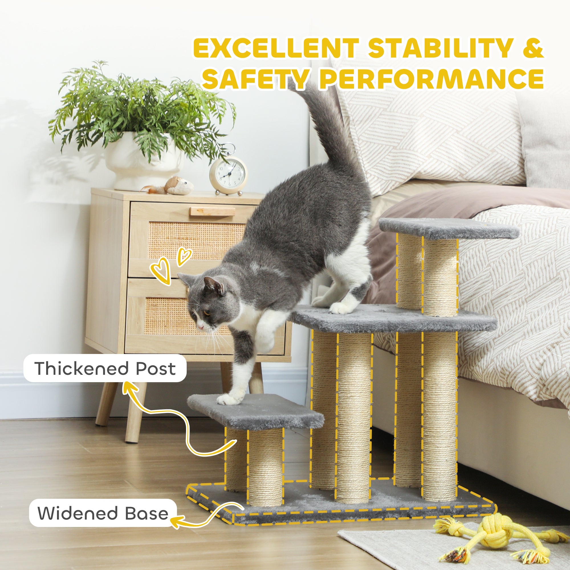 PawHut Pet Steps for Bed, 3 Step Adjustable Pet Stairs for Sofa with 6 Sisal Scratching Posts for Small Dogs & Cats, Grey
