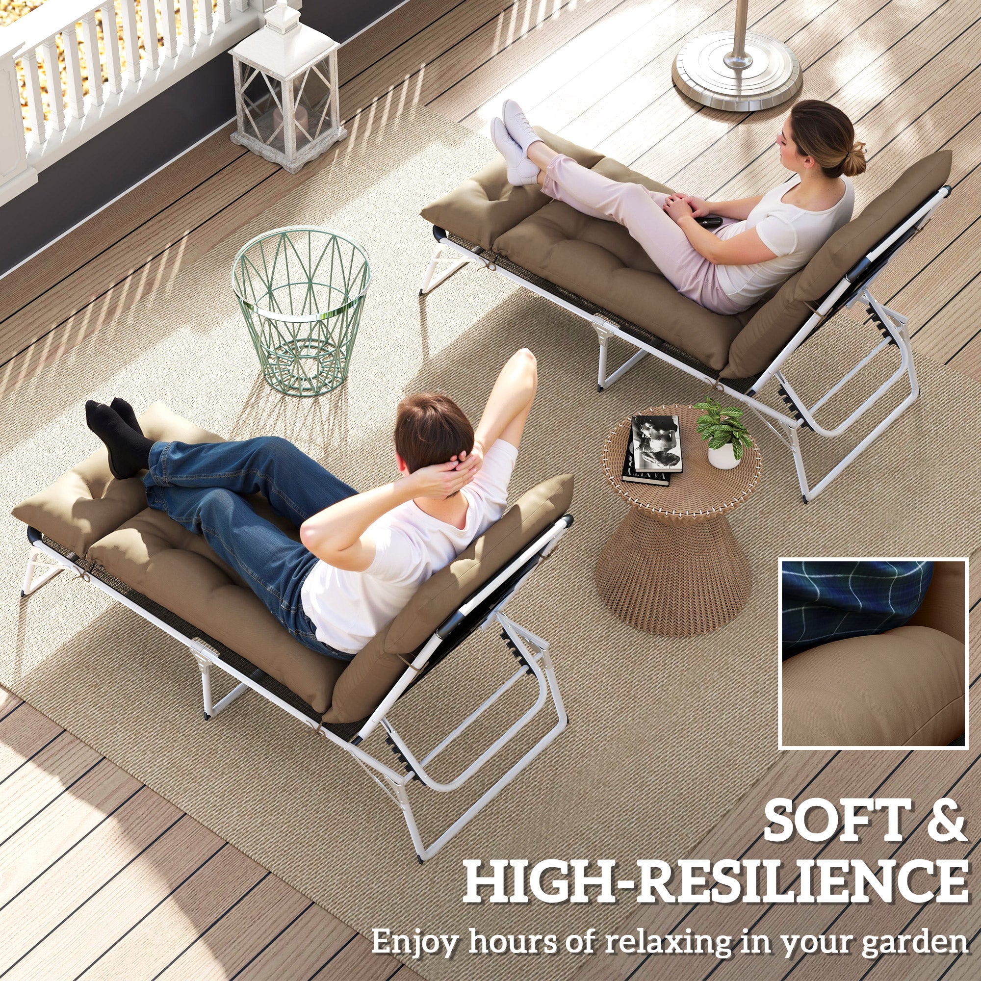 Outsunny Set of Two 190 x 56cm Sun Lounger Cushions - Khaki - North Peak Garden Furniture