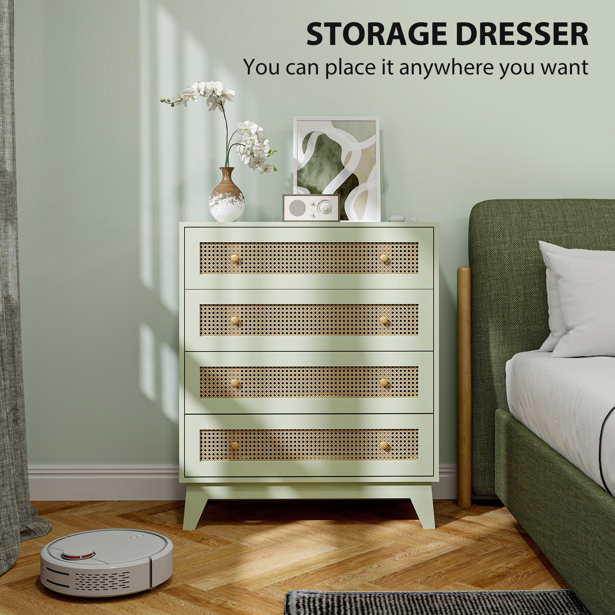 HOMCOM Chest of Drawers, 4-Drawer Storage Organiser Unit with Rattan Element for Bedroom, Living Room, Light Green - North Peak Garden Furniture