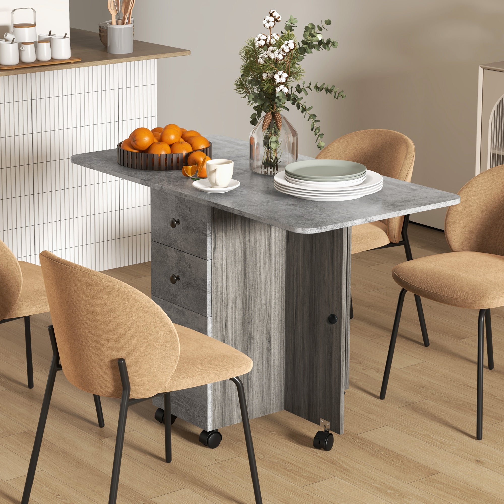 HOMCOM Multi-Storage Six-Person Drop Leaf Dining Table - Mixed Grey - North Peak Garden Furniture