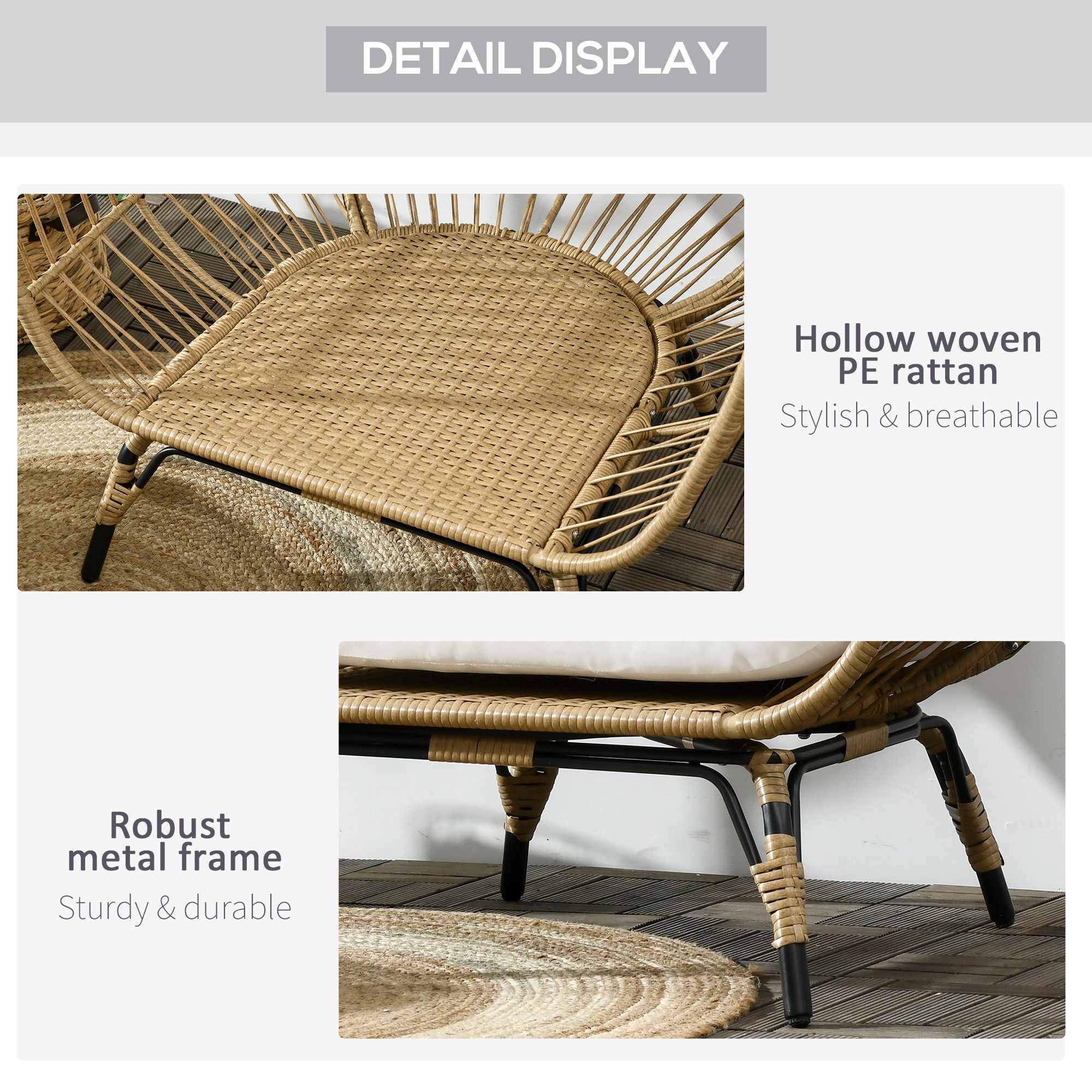 Outsunny PE Rattan Outdoor Egg Chair, Round Wicker Weave Teardrop Chair with Thick Padded Cushions for Sunroom, Garden, Khaki - North Peak Garden Furniture