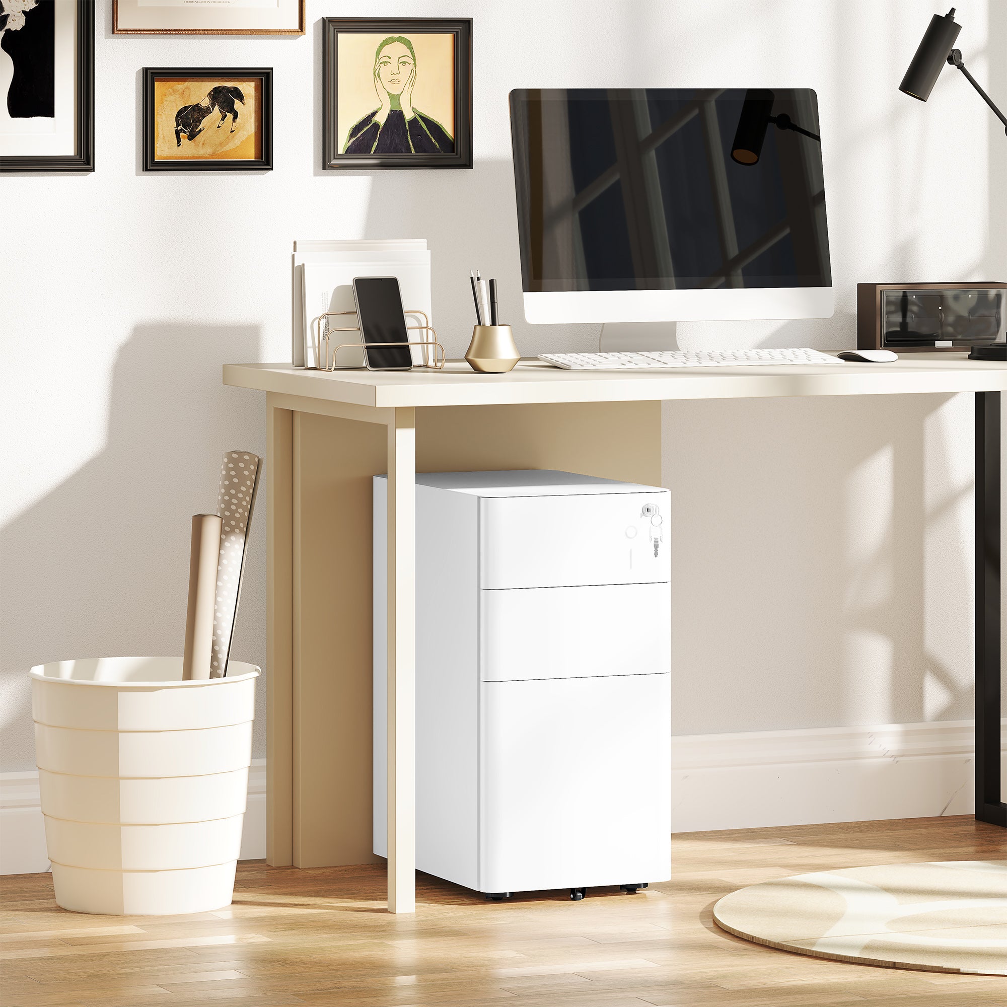 Vinsetto 3-Drawer Steel Filing Cabinet with Lock - White - North Peak Garden Furniture