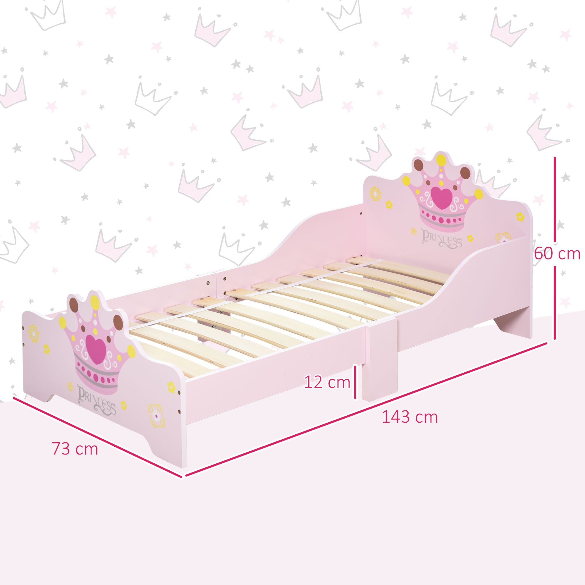 HOMCOM Kids Toddler Bed Princess Crown Theme Safety Side Rails Slats Home Bedroom Furniture Boys Girls 3-6 Yrs Pink 143 x 73 x 60 cm