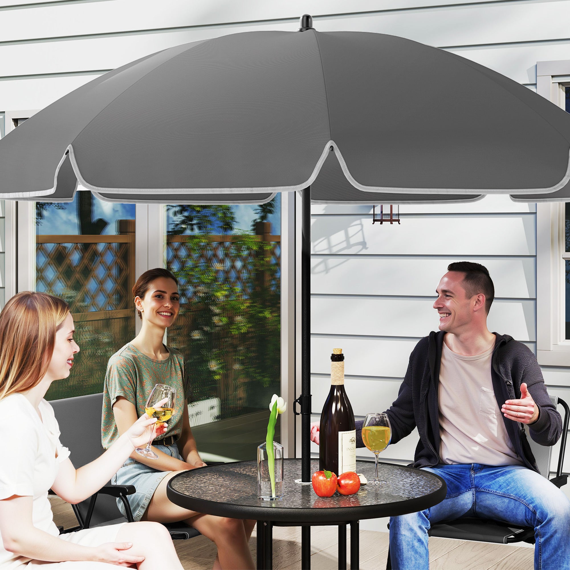 Outsunny 4 Seater Garden Furniture Set, 6 Pieces Garden Table and Chairs with Parasol, Outdoor Garden Dining Set with Folding Chairs and Round Glass Top Table for Patio, Grey - North Peak Garden Furniture