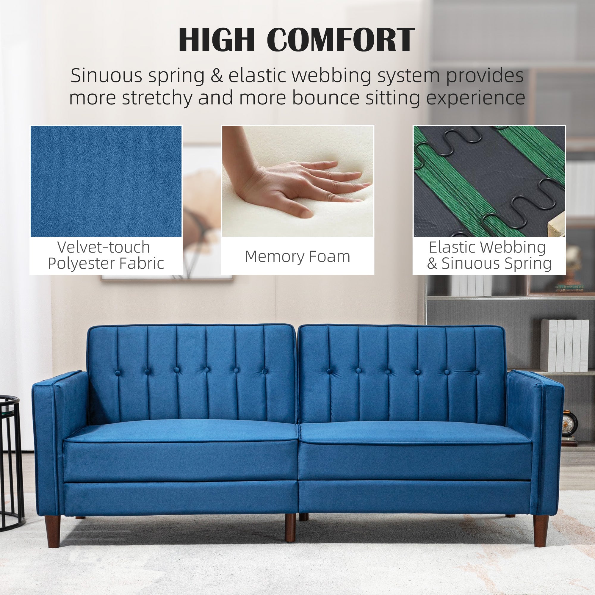 HOMCOM Velvet-Feel Three-Seater Sofa Bed - Blue - North Peak Garden Furniture