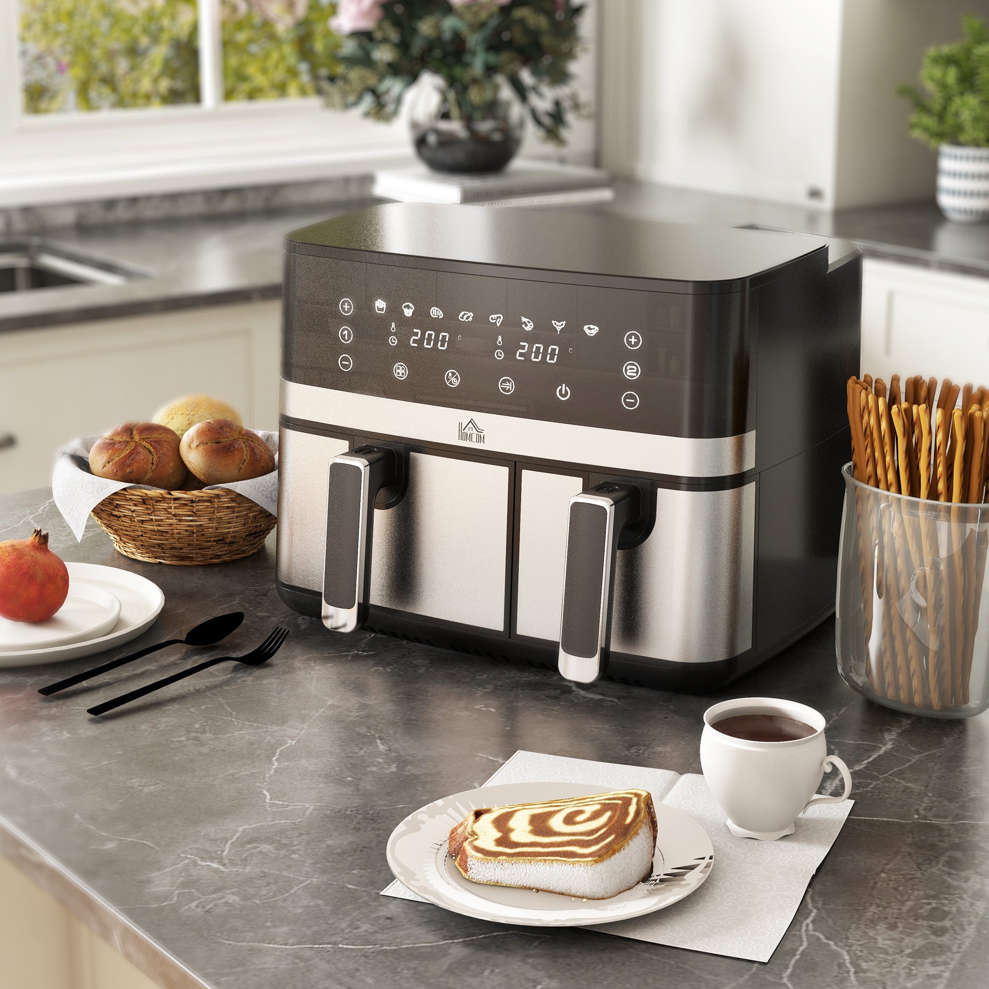 HOMCOM 8.5L Dual Basket Air Fryer, with Sync and Multi-Menu Cooking - North Peak Garden Furniture