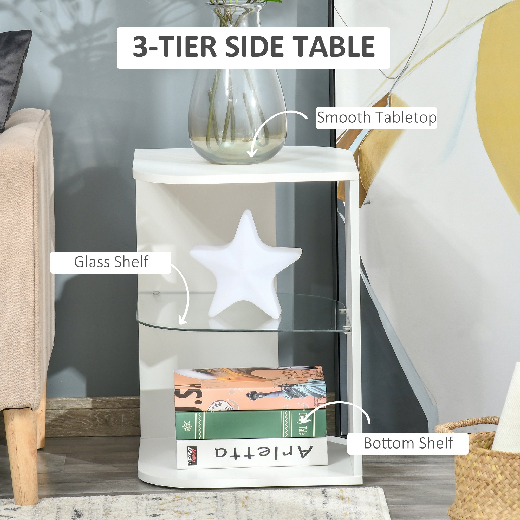 HOMCOM Modern Side Table Three Layer Bedside Table Nightstand with 2 Storage Shelves, for Living room, Bedroom, White - North Peak Garden Furniture