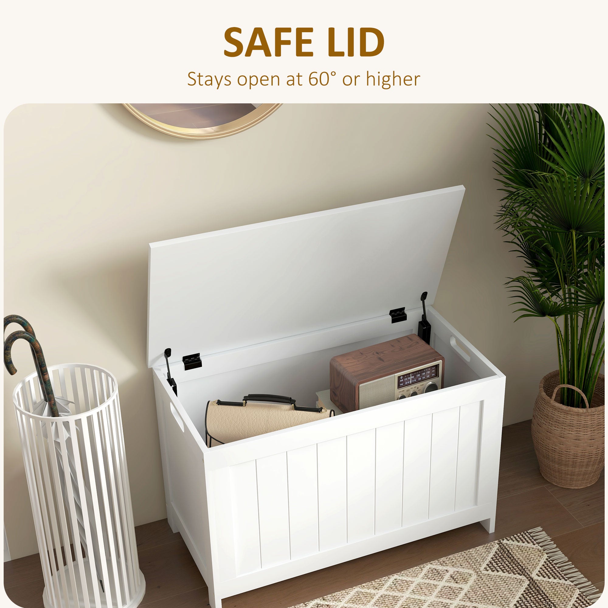 HOMCOM Storage Chest, Modern Storage Trunk with 2 Safety Hinges and Cut-out Handles, Wooden Toy Box for Living Room, Entryway, 76 x 40 x 48 cm, White - North Peak Garden Furniture