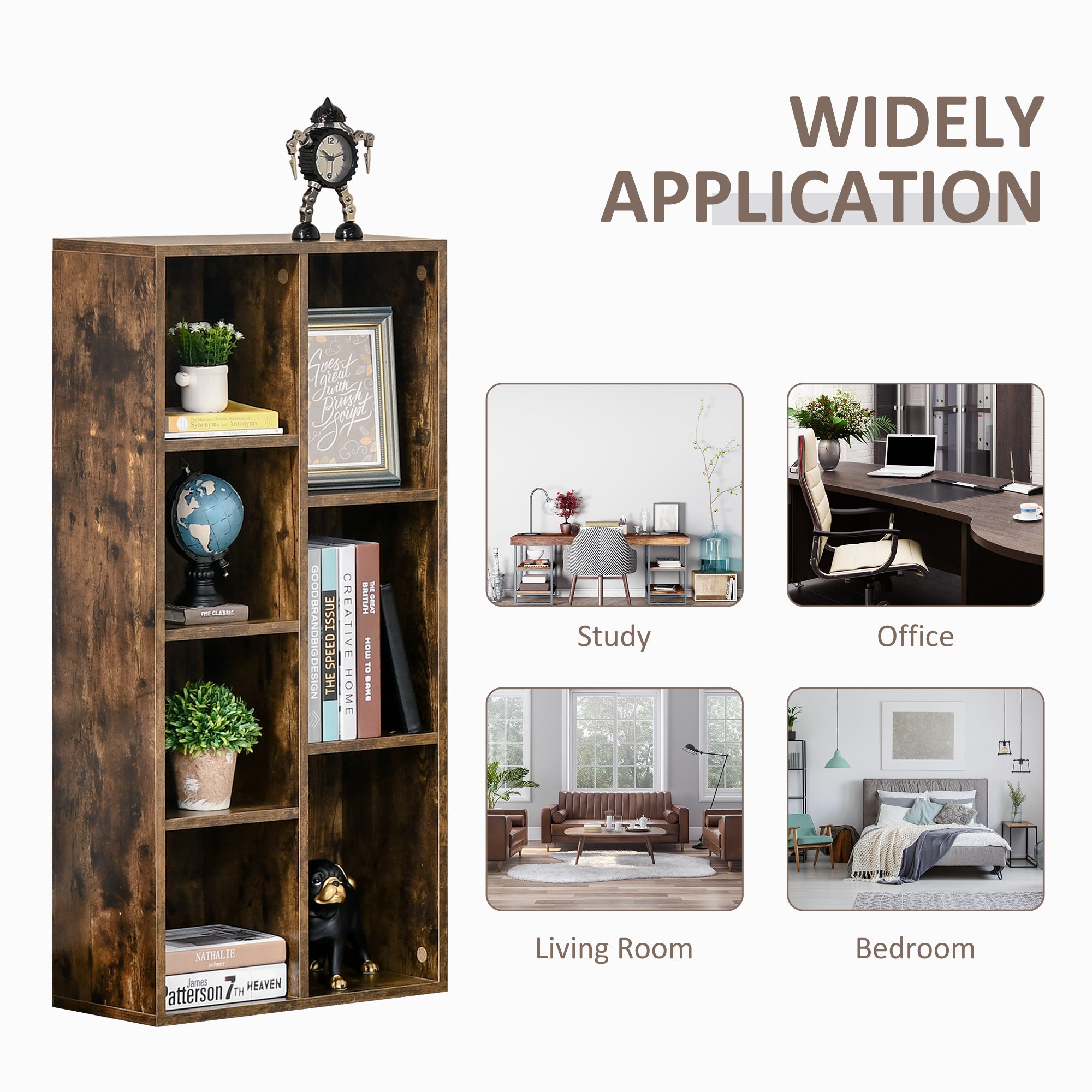 HOMCOM Seven-Cube Bookcase - Rustic Brown Wood Effect - North Peak Garden Furniture
