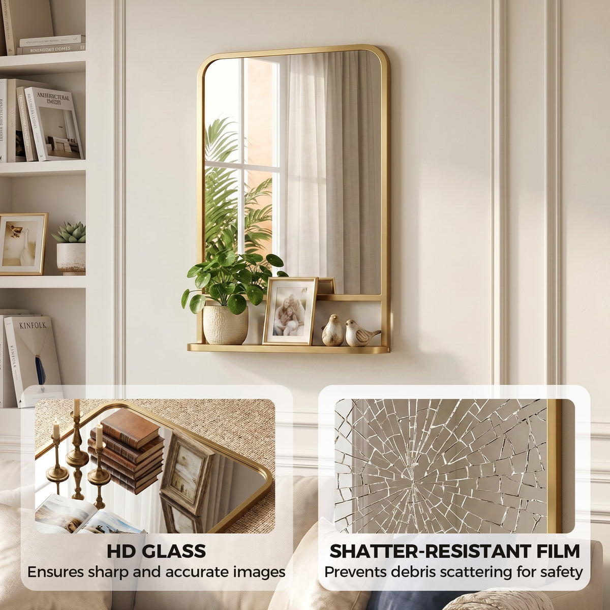 HOMCOM Modern Rectangular Wall Mirror with Storage Shelf, 70 x 50 cm, Gold Tone
