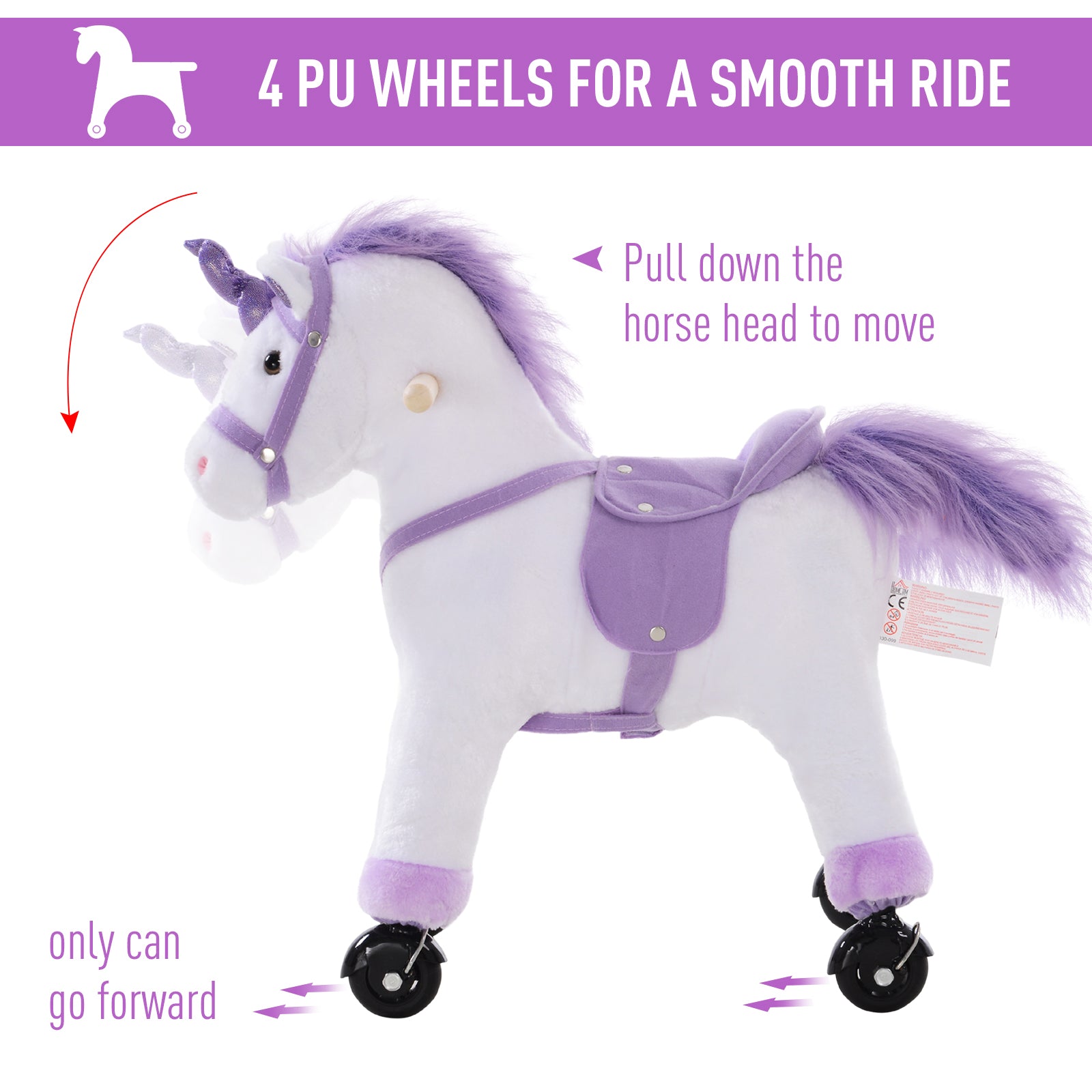 HOMCOM Kids Rocking Horse Plush Ride on Walking Unicorn Horse w/Realistic Sound  Ride On Rocker with Handlebar for Age 3+ Purple