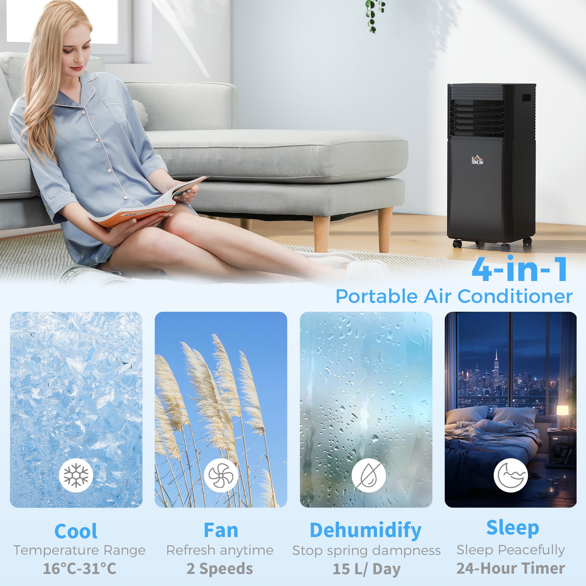HOMCOM 5000 BTU 4-In-1 Portable Air Conditioner Unit Cooling Dehumidifying Ventilating  for Room up to 18m², with Fan, Remote, 24H Timer, Window Mount Kit, R290, A Energy Efficiency