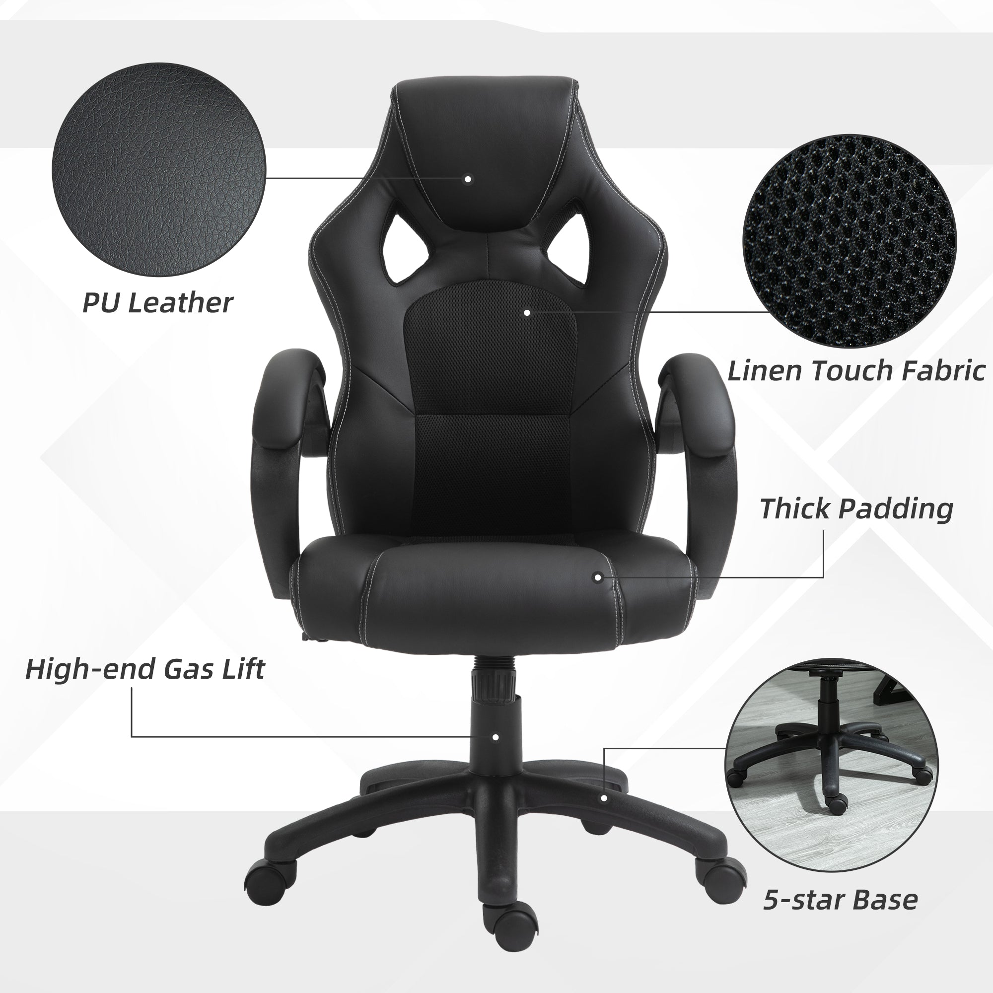 Vinsetto High-Back Office Chair Faux Leather Swivel Computer Desk Chair for Home Office with Wheels Armrests Black - North Peak Garden Furniture