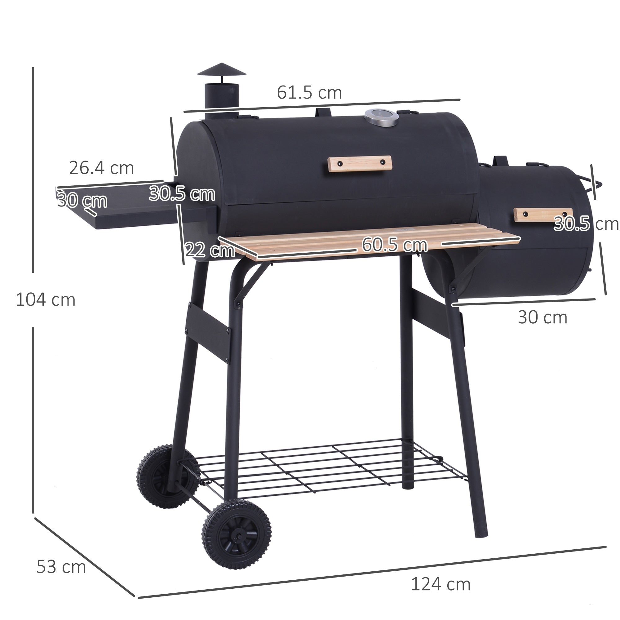 Outsunny Charcoal Barbecue Grill Garden Portable BBQ  Trolley w/ Offset Smoker Combo, Handy Shelves and On-lid Thermometer