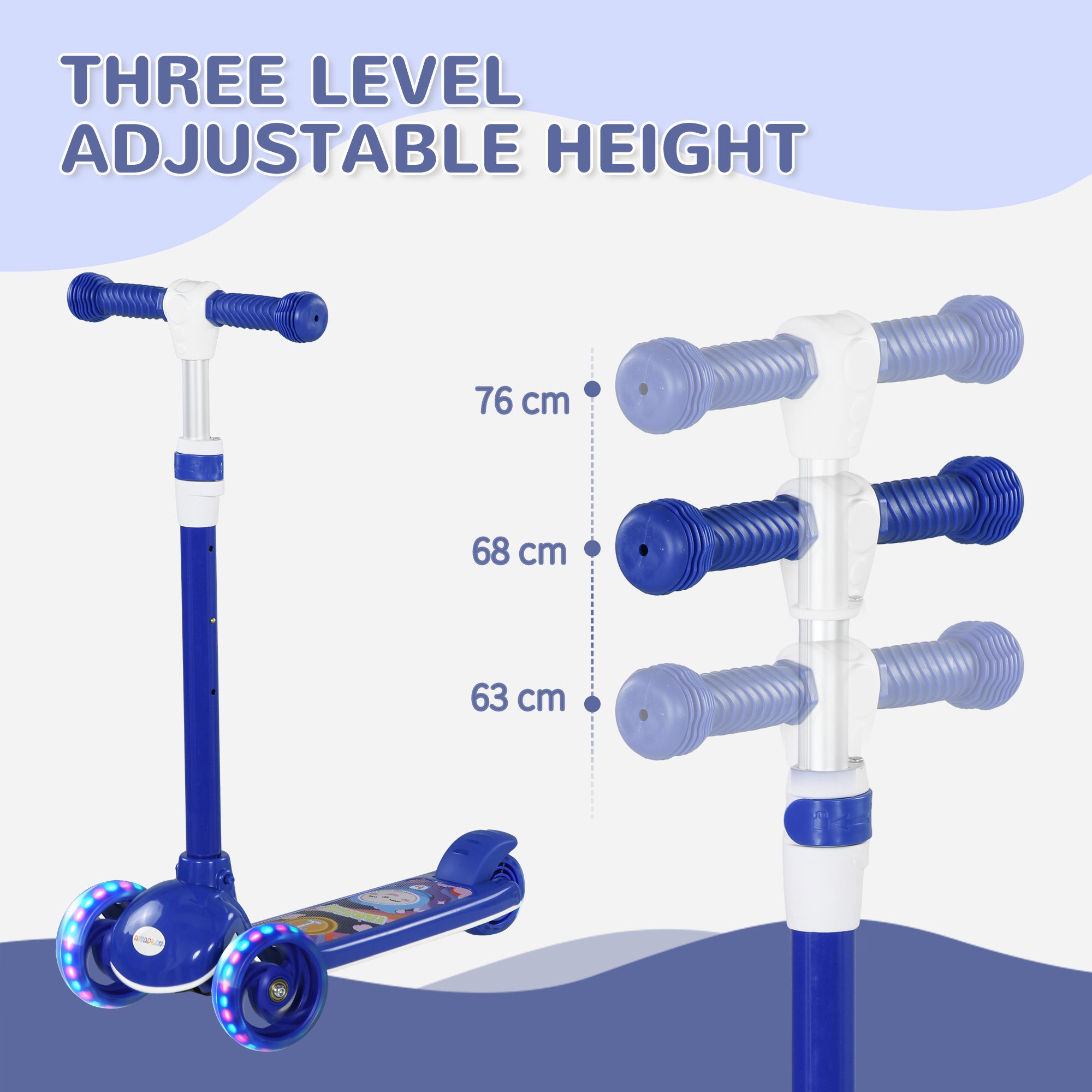 AIYAPLAY Kids 3 Wheel Scooter for 2-6 Years Old w/ Adjustable Height, LED Light, TPE Handlebar, Blue - North Peak Garden Furniture