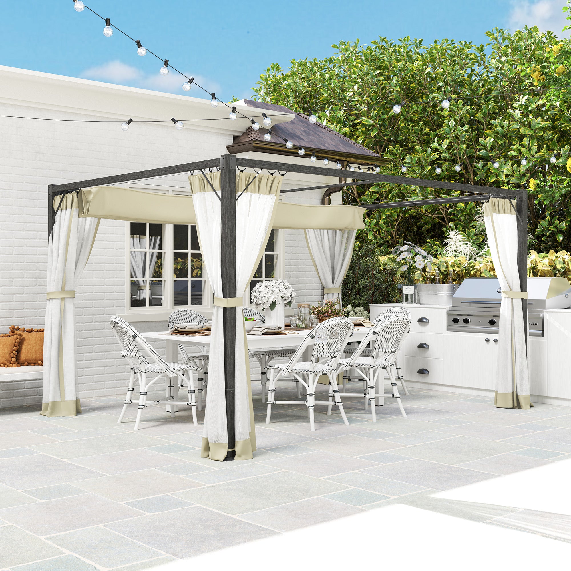 Outsunny 3 x 4m Aluminium Frame Pergola, with Retractable Roof - Khaki - North Peak Garden Furniture