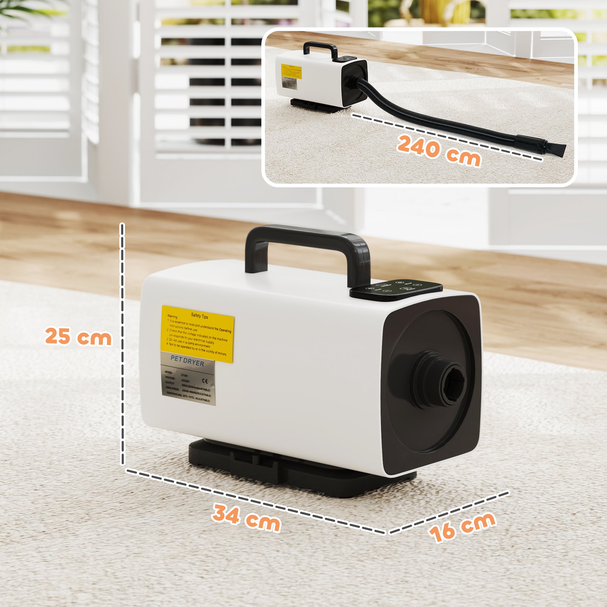 PawHut 2200W Dog Hair Dryer with Auto Adjustable Temperature & Airflow, 3 Nozzles, Digital Screen, for Dogs Cats, White - North Peak Garden Furniture
