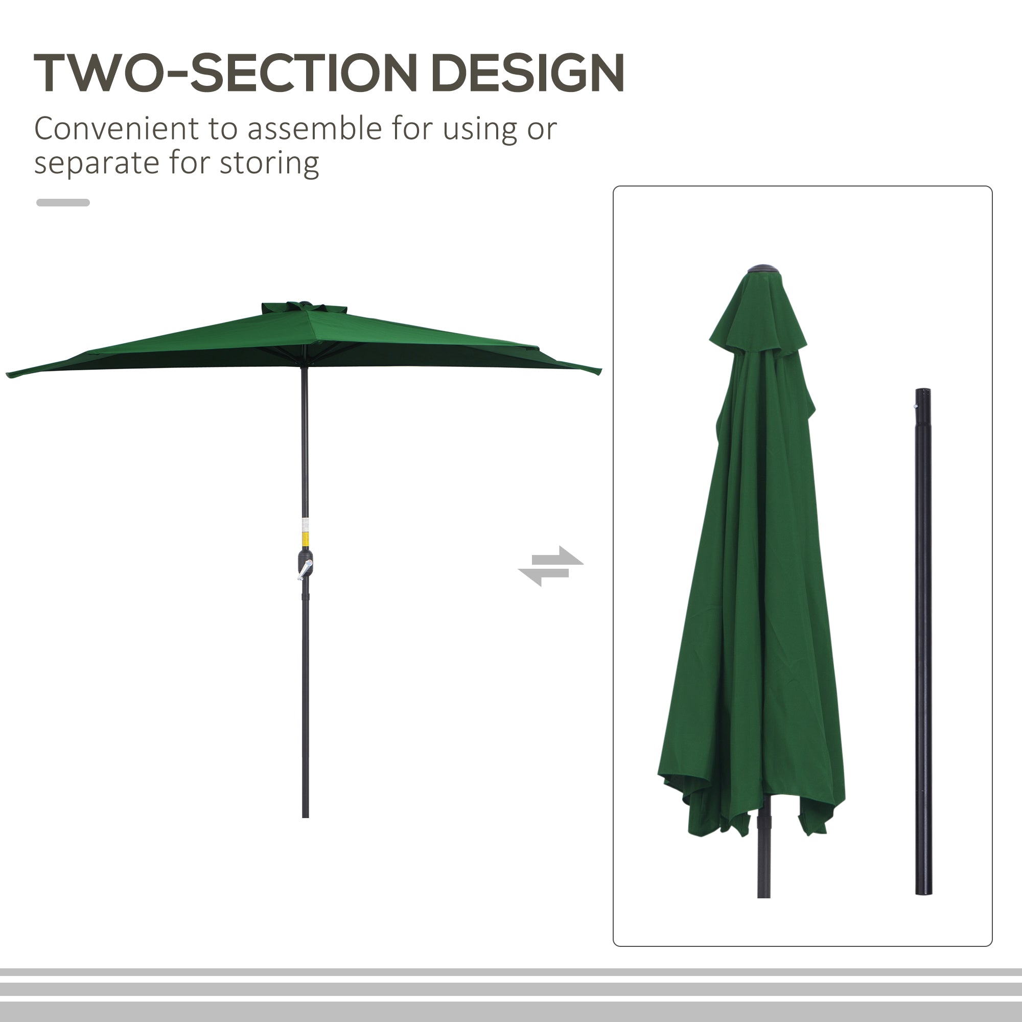Outsunny 3(m) Half Parasol Semi Round Umbrella Patio Metal Frame Crank Handle for Balcony-- NO BASE INCLUDED, Green - North Peak Garden Furniture