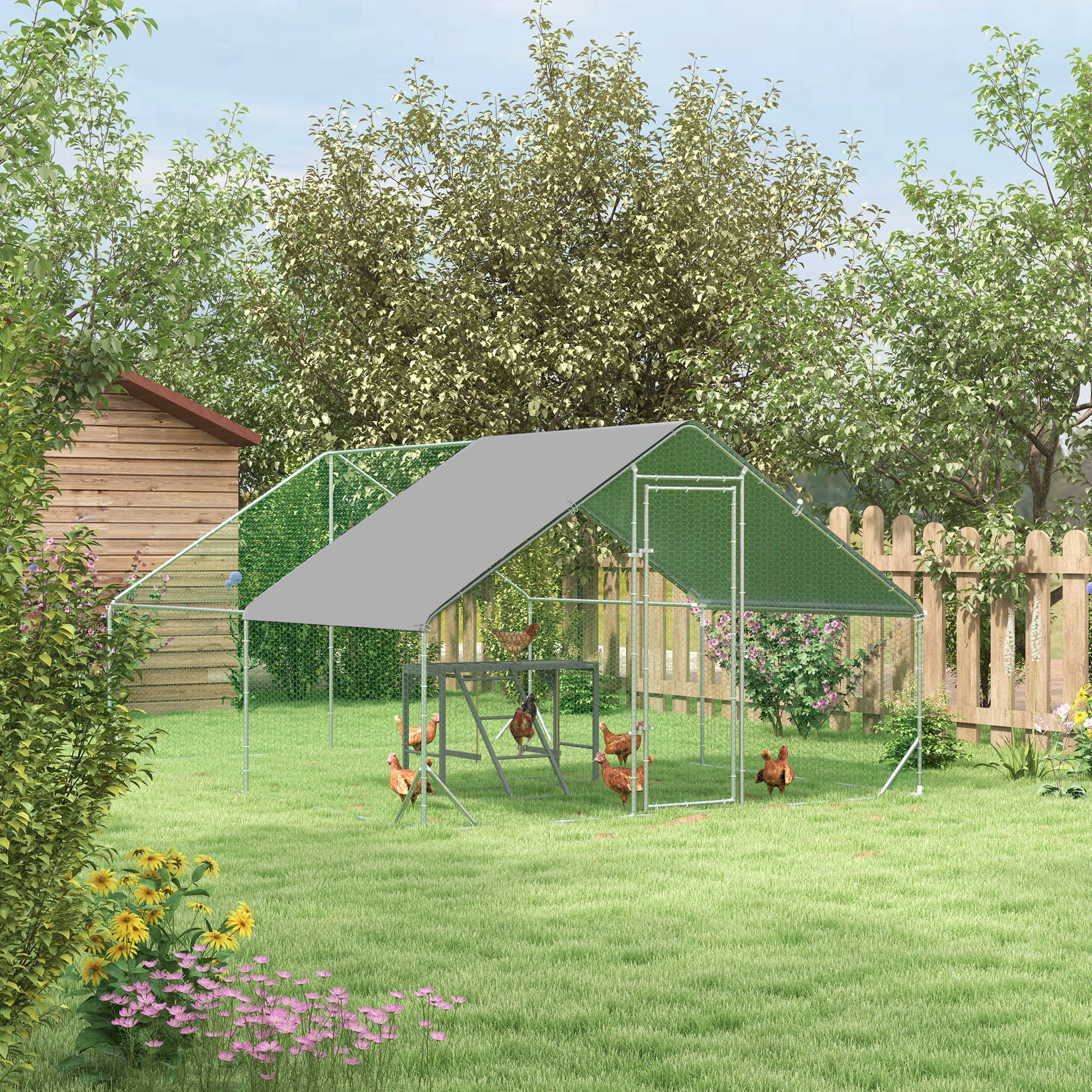 PawHut Walk In Chicken Run with Chicken Activity Shelf and Cover, 3 x 4 x 2m - North Peak Garden Furniture
