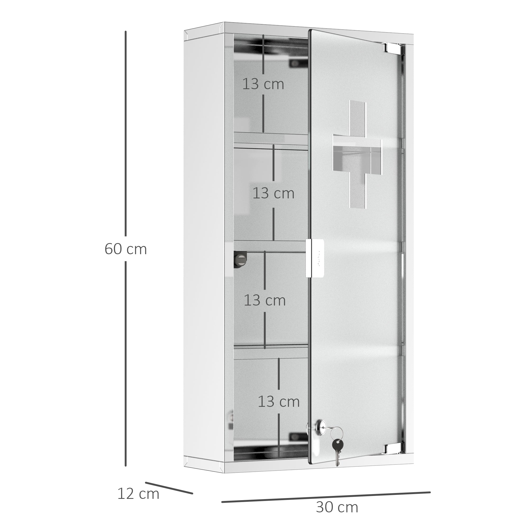 HOMCOM 4 Tier Stainless Steel Wall Mounted Medicine Cabinet Glass Lockable Door Storage Shelves Houseware Bathroom Furniture 60Hx30Wx12D(cm) w/2 Keys - North Peak Garden Furniture