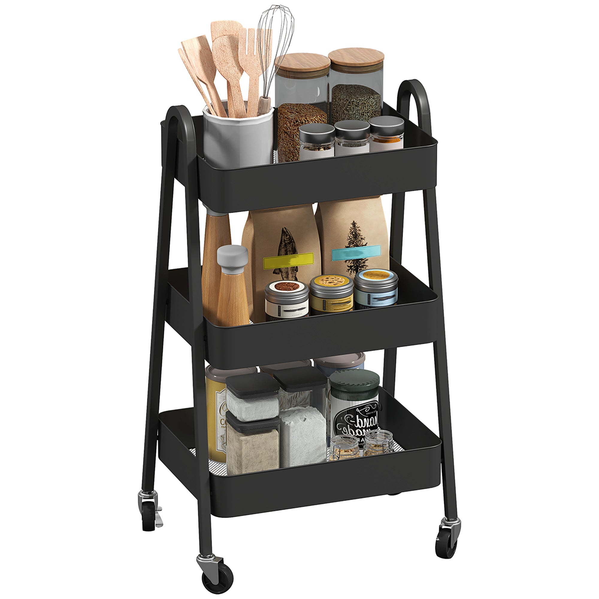 HOMCOM 3-Tier Storage Trolley on Wheels - Black - North Peak Garden Furniture