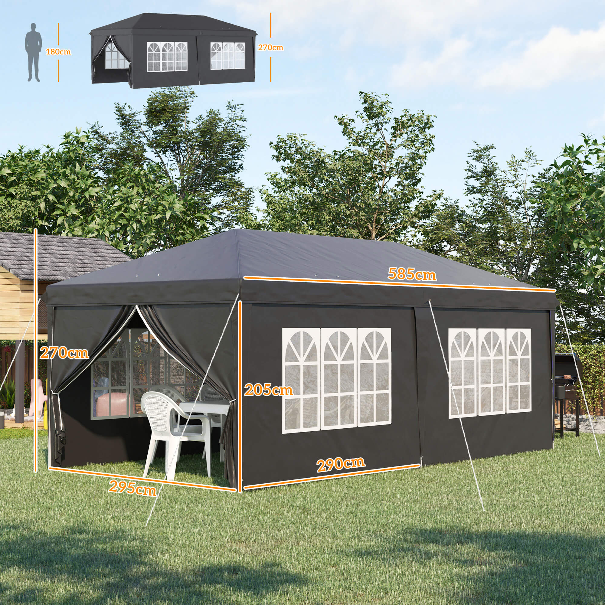 Outsunny 3 x 6 m Pop Up Gazebo with Sides and Windows, Height Adjustable Party Tent with Storage Bag for Garden, Camping, Event, Black