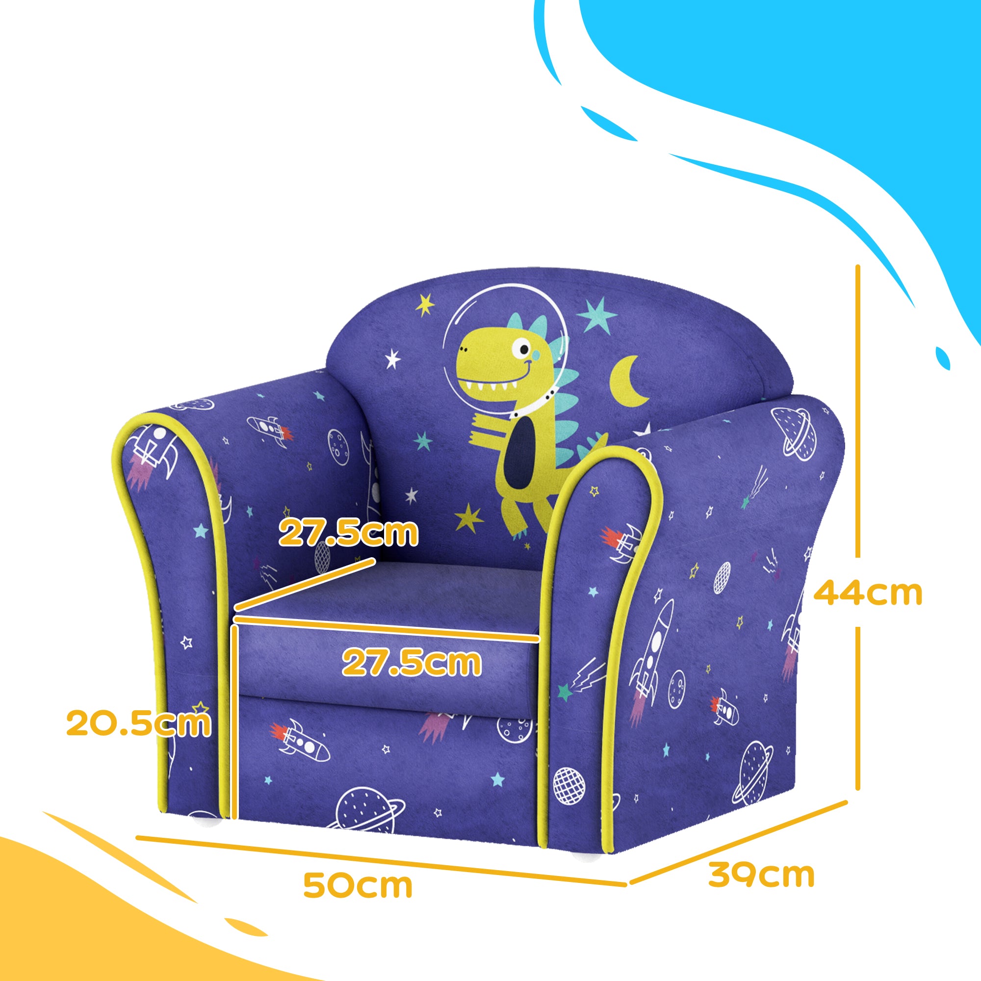 AIYAPLAY Kids Armchair with Planet Dinosaurs Design, Wooden Frame, for Bedroom, Playroom, Kids Room, Blue - North Peak Garden Furniture