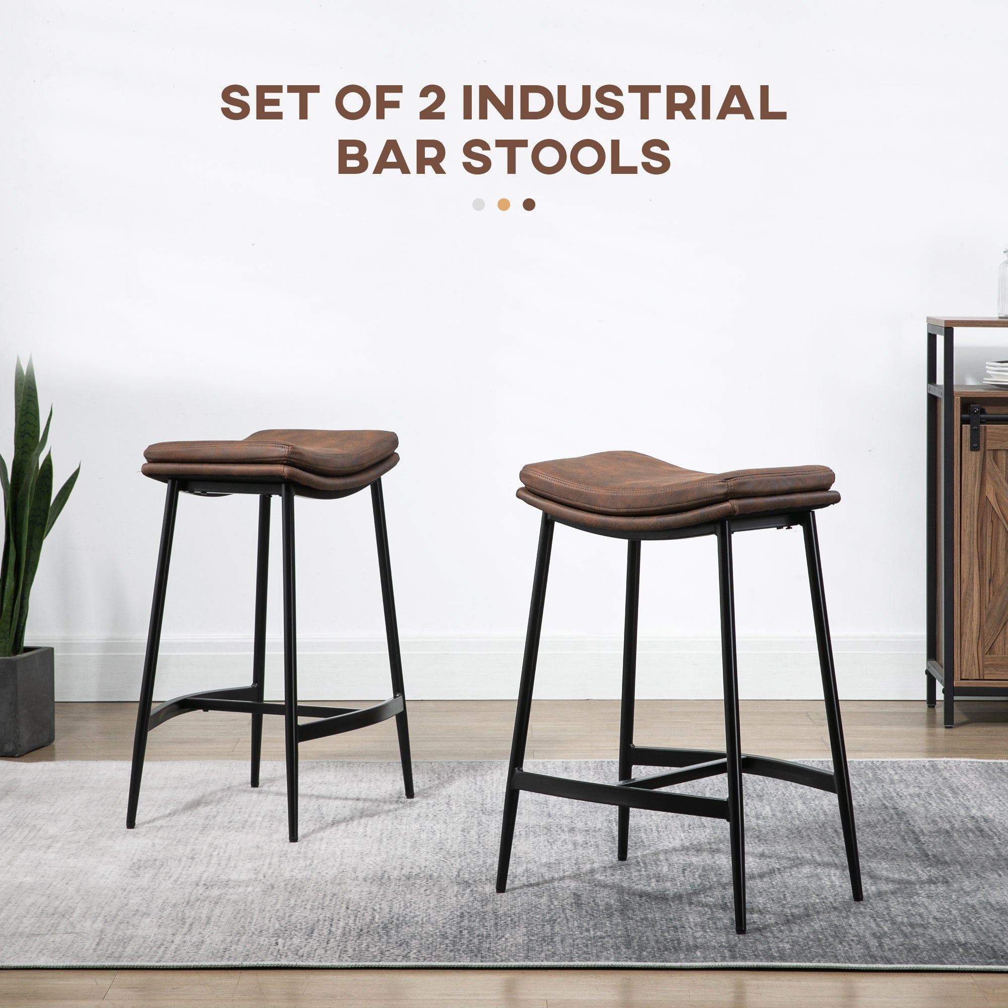 HOMCOM Breakfast Bar Stools Set of 2, Microfibre Upholstered Barstools, Industrial Bar Chairs with Curved Seat and Steel Frame for Dining Room, Kitchen, Brown