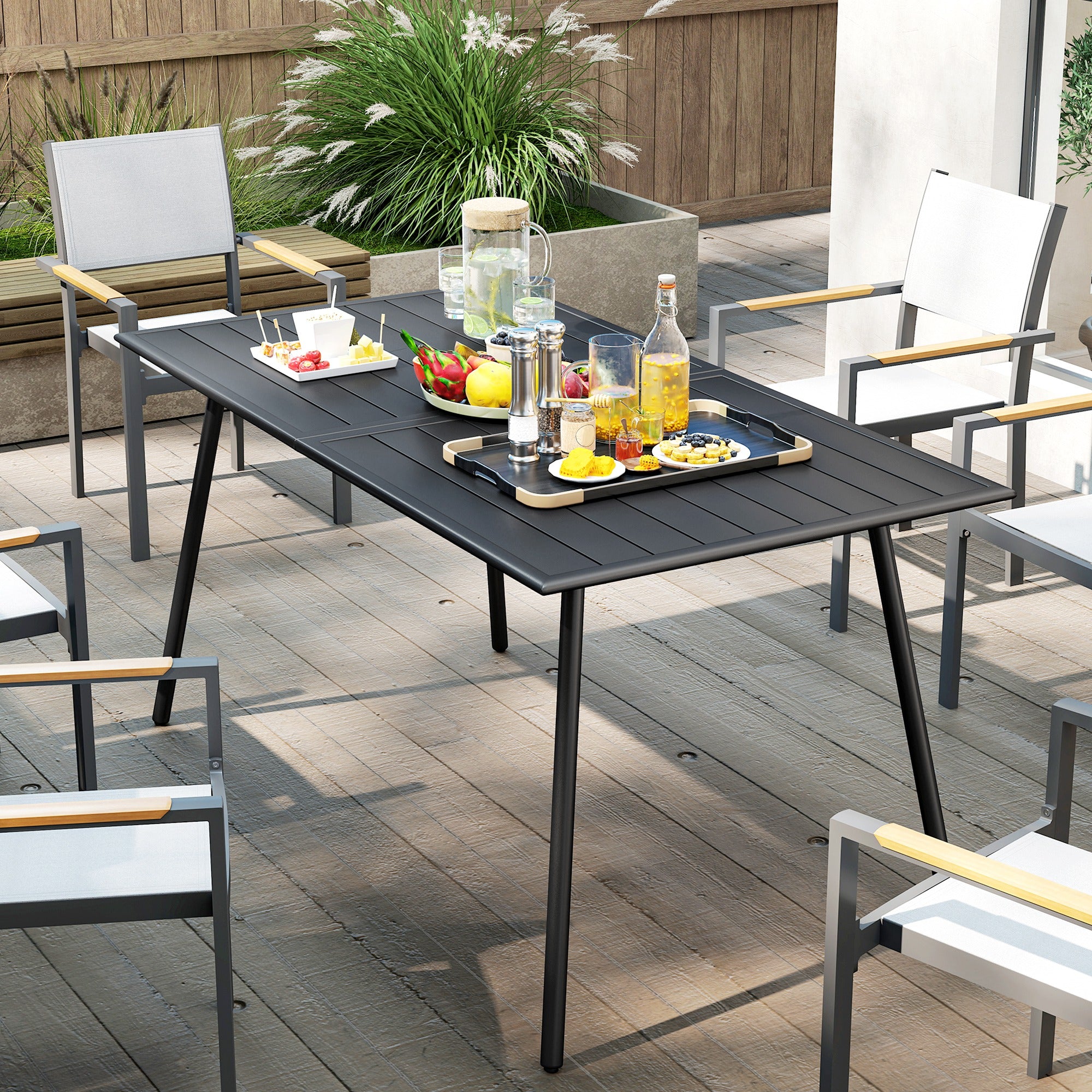 Outsunny Rectangle Garden Table with Slat Top, Steel Frame, Outdoor Table for 6 Person, 150 x 80 x 74 cm, Black - North Peak Garden Furniture