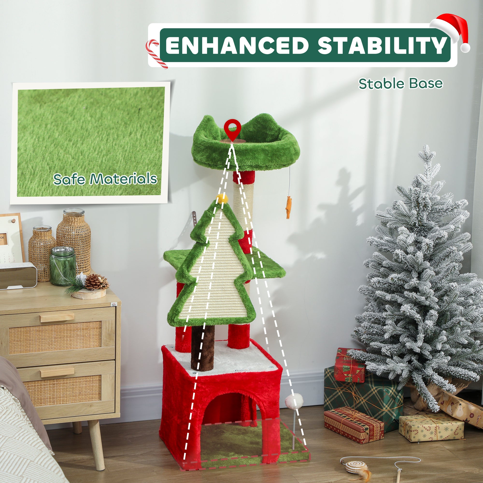 PawHut Christmas Cat Tree, 120cm Cat Tower with Scratching Post & Board, Platform, Toys, Green