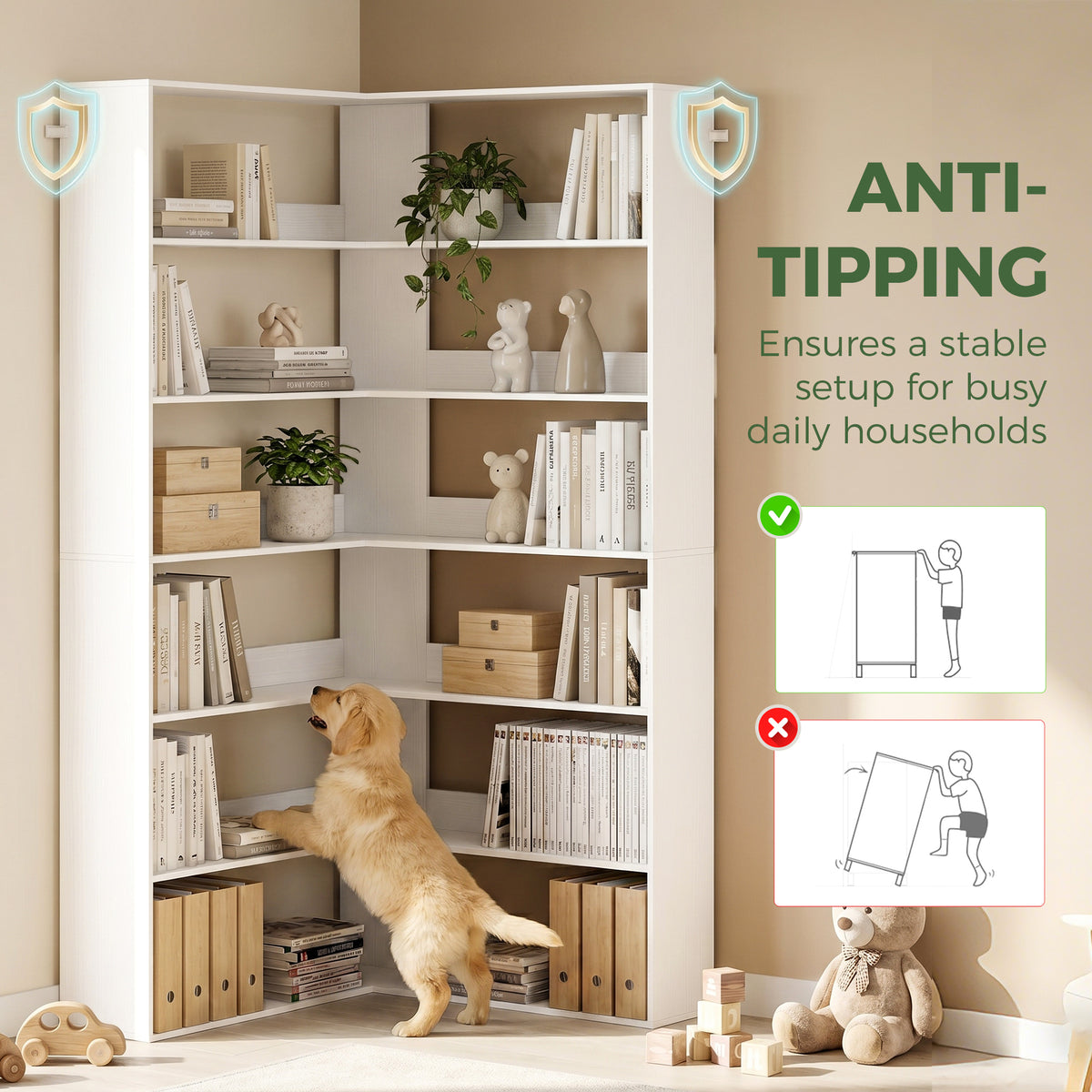 HOMCOM 7 Tiers Bookshelf, L-Shaped Corner Bookcase with Anti-Slip Rear Guard, White Wood Effect