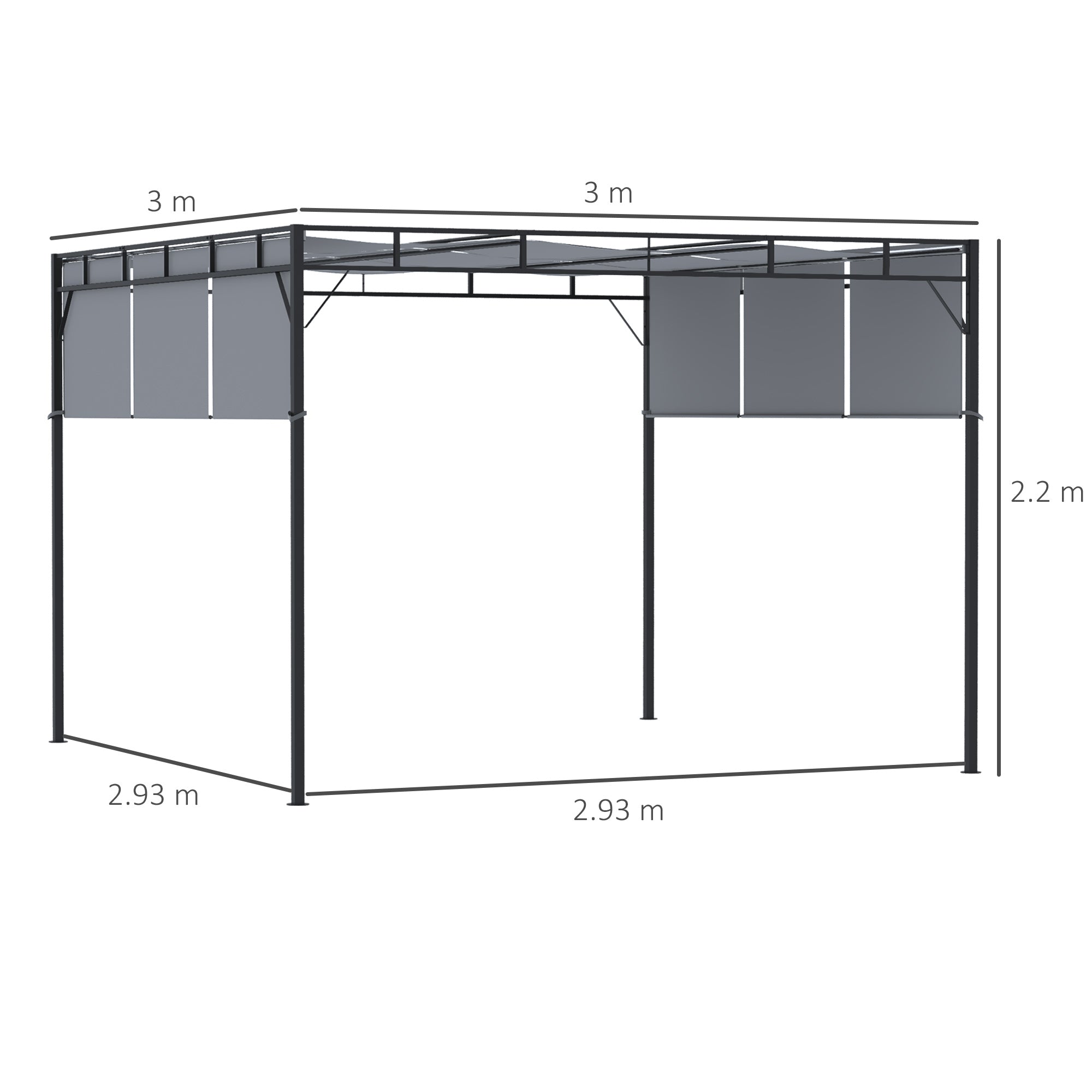 Outsunny 3 x 3(m) Steel Pergola Gazebo with Retractable Roof, Garden Gazebo Canopy Sun Shade Shelter for Outdoor, Deck, Patio, Dark Grey