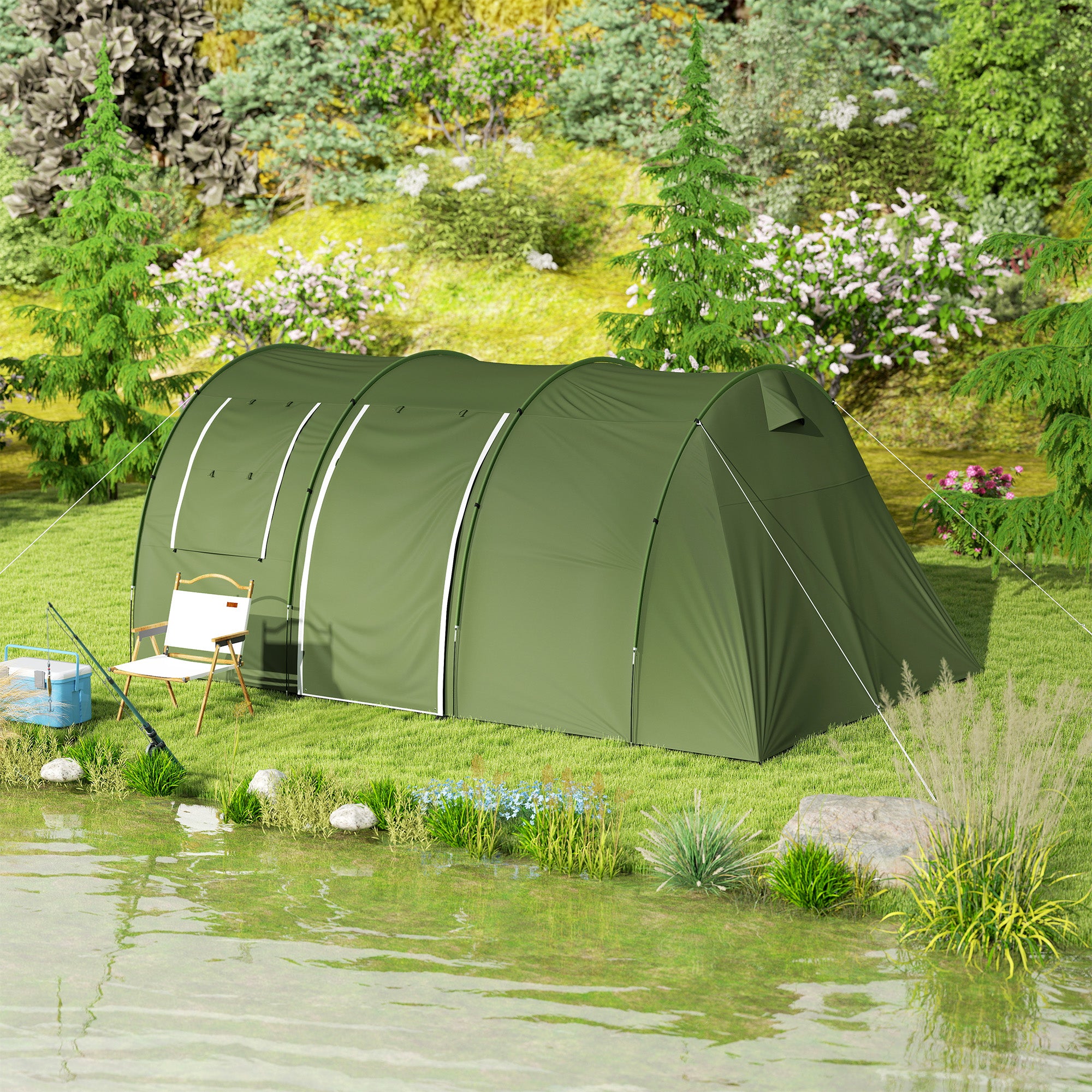 Outsunny 5-6 Man Camping Tent with 2 Room, Floor and Carry Bag - Green - North Peak Garden Furniture